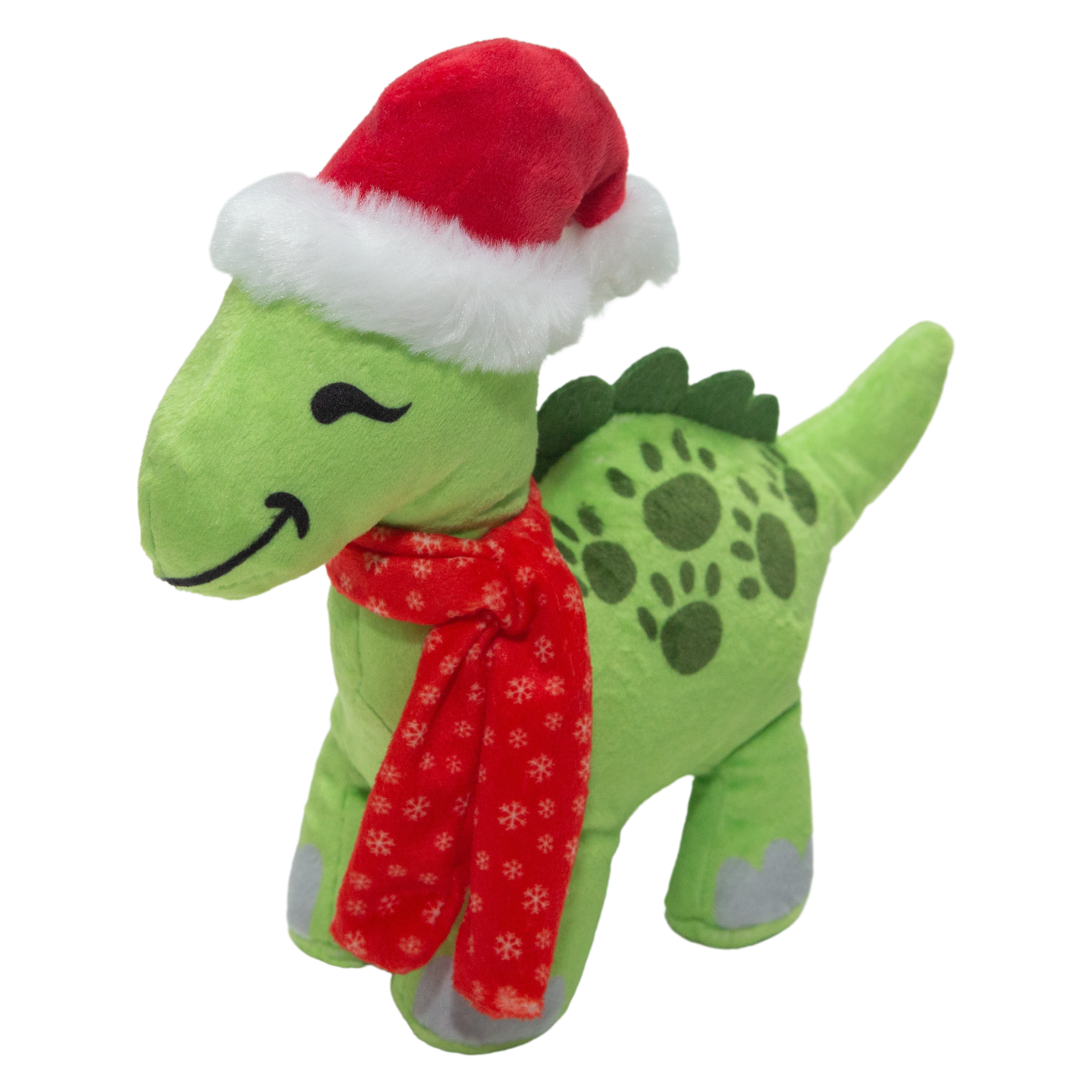 The Snugarooz Bronto Claus is a green dinosaur plush pet toy wearing a red Santa hat and snowflake scarf, smiling on a white background. Made from recycled water bottles for an eco-friendly touch.