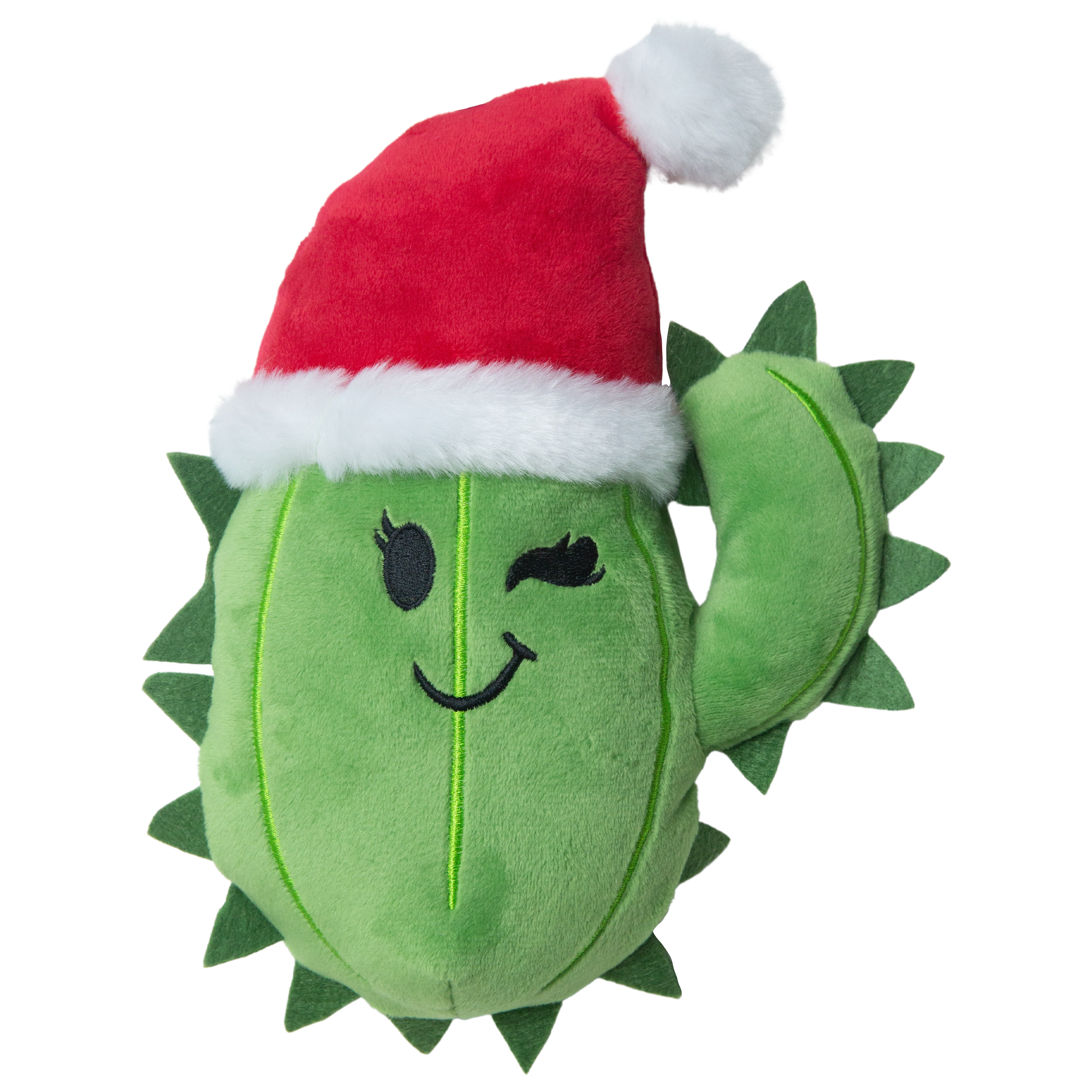 Chloe Santa by Snugarooz is a green plush cactus dog toy with a smiling face, a winking eye, and a red and white Santa hat—perfect for bringing holiday cheer to your pup’s playtime.