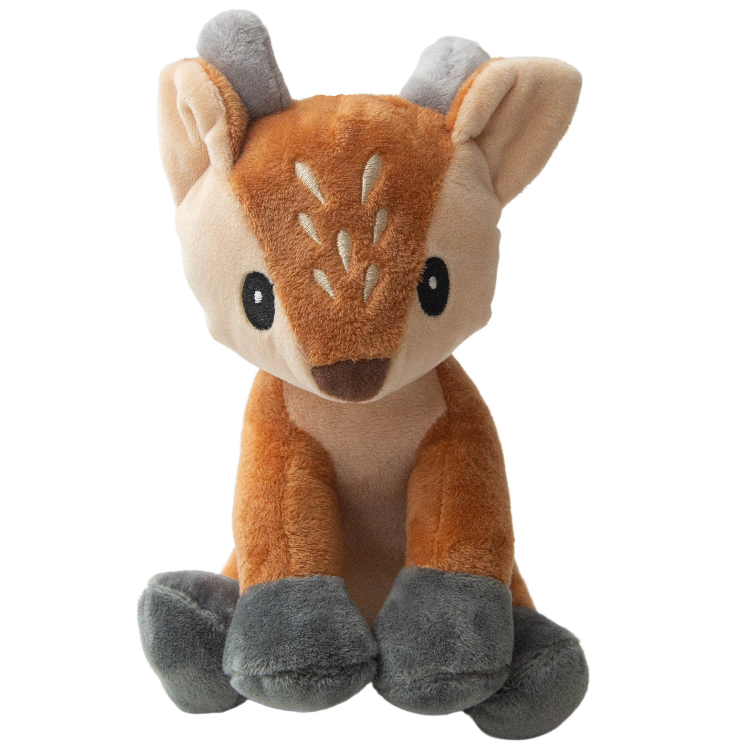 Dixie the Deer by Snugarooz is a plush dog toy with light brown fur, white forehead spots, big black eyes, and gray hooves. Adorable and eco-friendly, Dixie sits upright against a white background—perfect for your pup!.