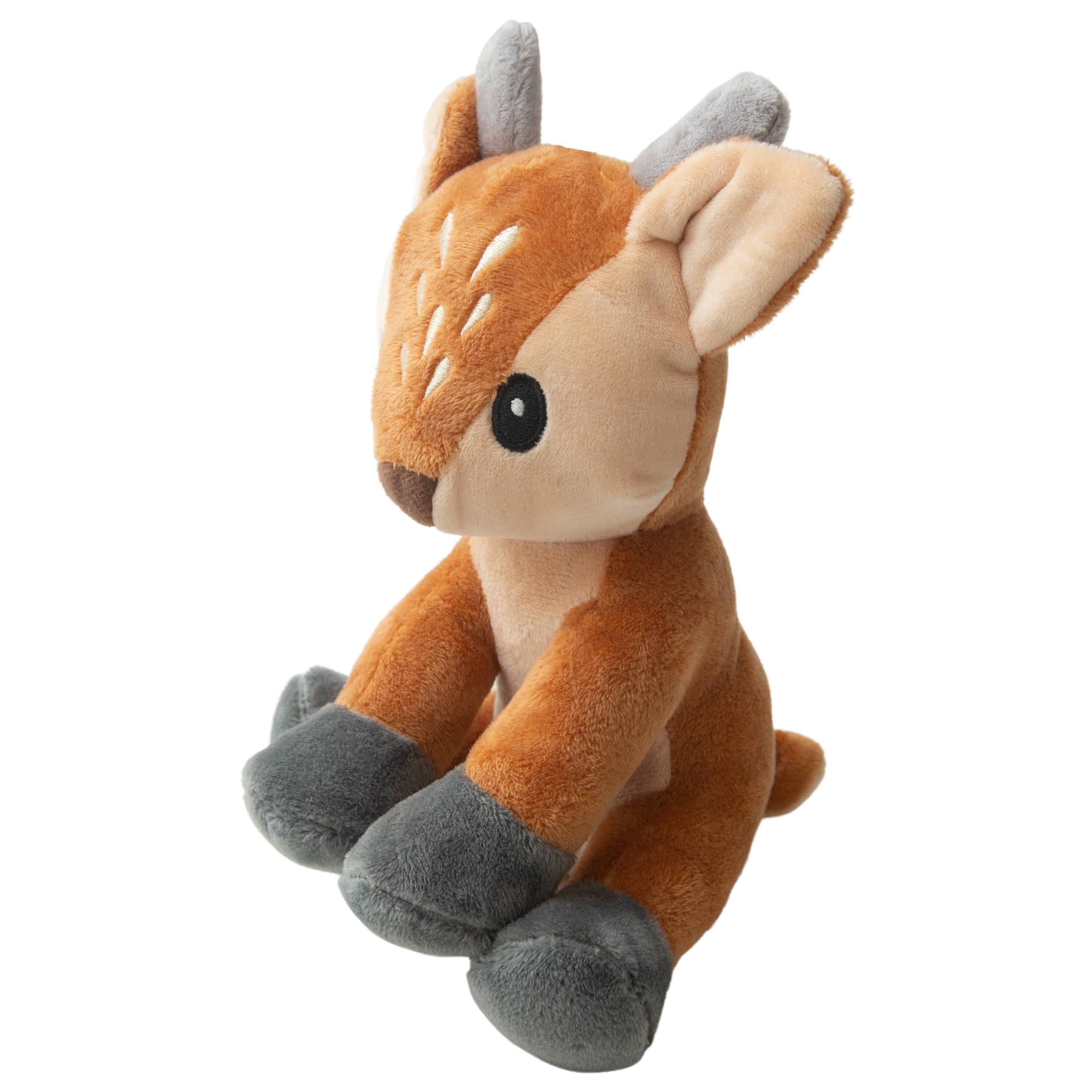 Dixie the Deer by Snugarooz is a plush dog toy with light brown fur, white forehead spots, big black eyes, and gray hooves. Adorable and eco-friendly, Dixie sits upright against a white background—perfect for your pup!.