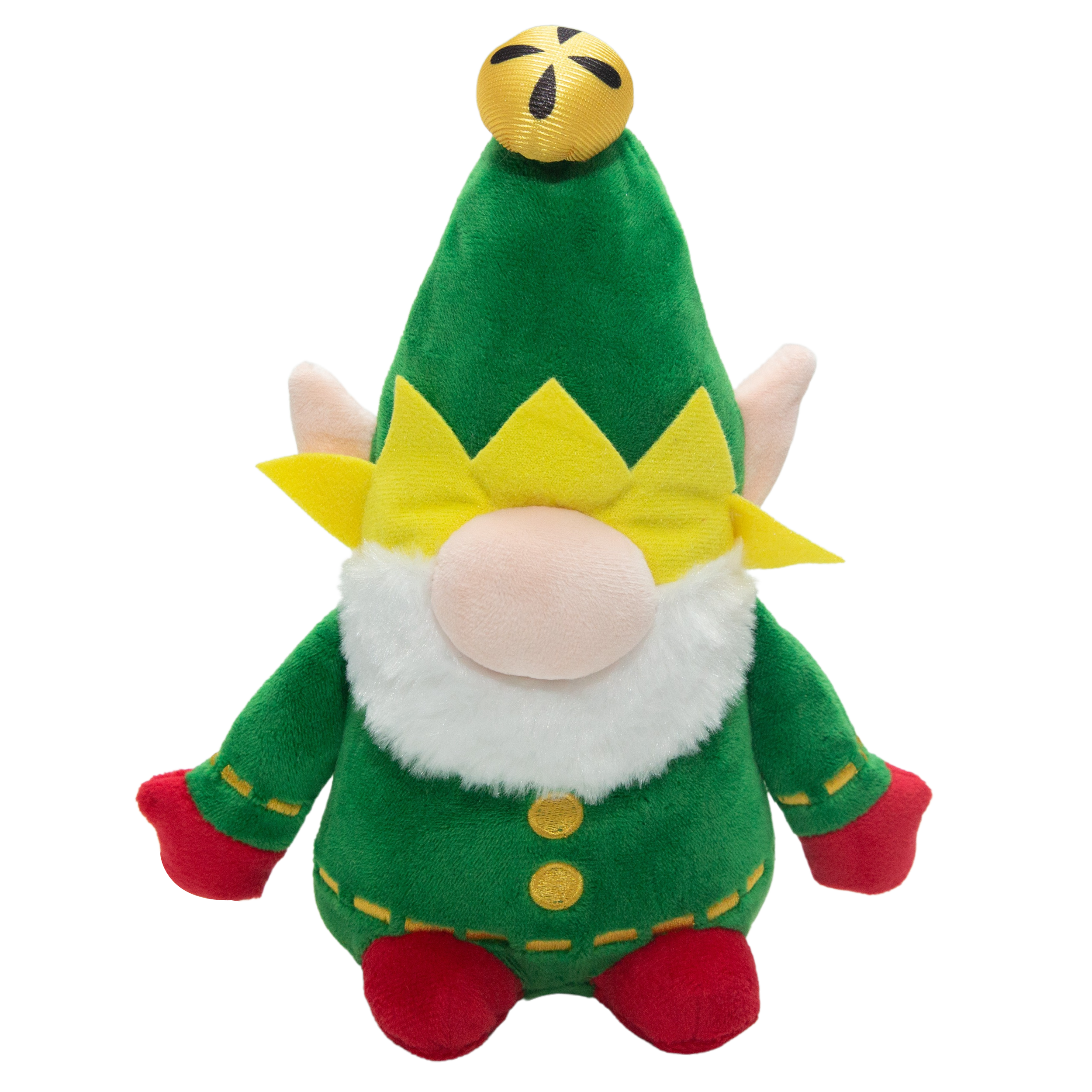 Snugarooz Elf the Gnome is a festive plush dog toy with a green hat topped by a yellow star and bell, red gloves and shoes, white beard, yellow buttons, and a big pink nose—perfect holiday fun for your pup!.
