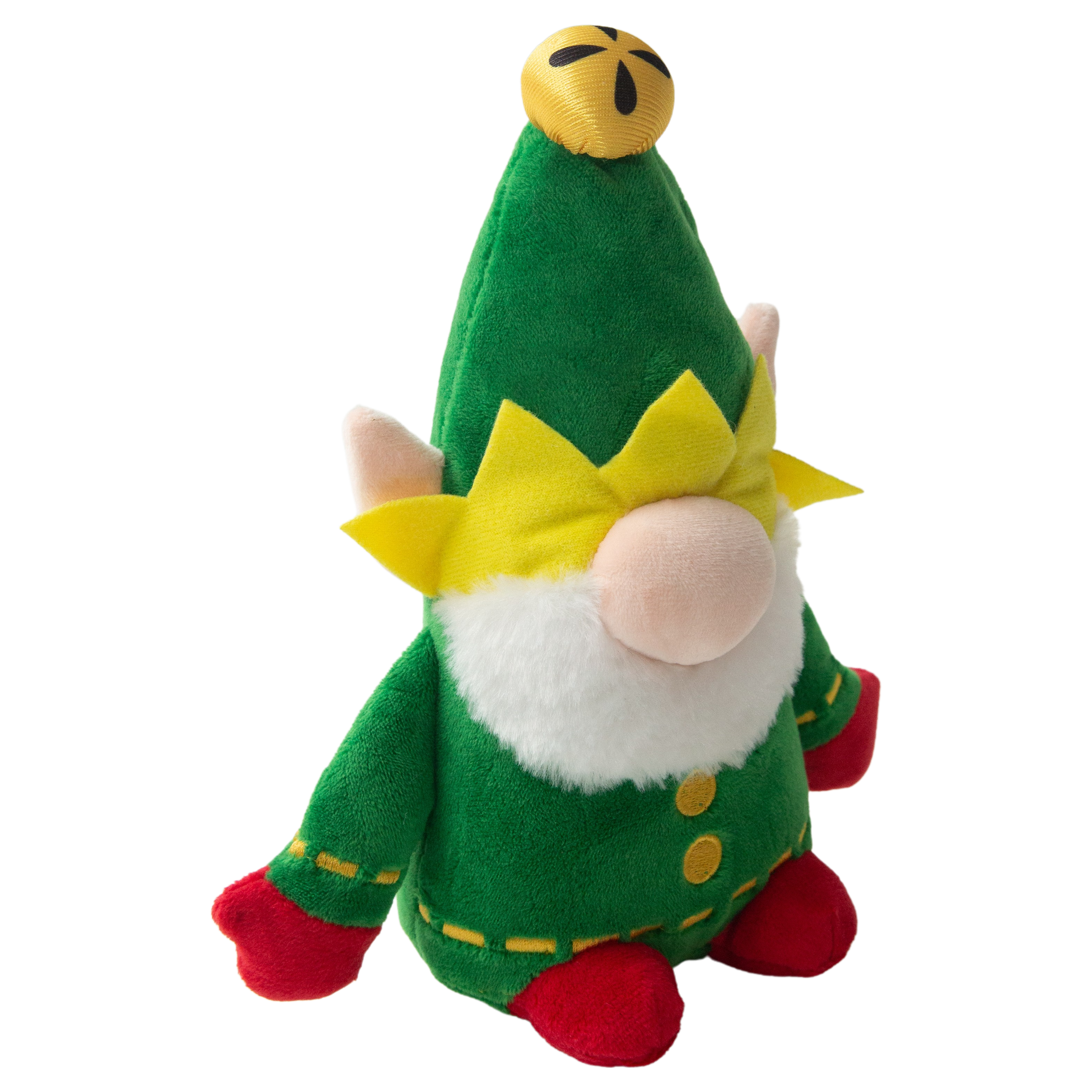 Snugarooz Elf the Gnome is a festive plush dog toy with a green hat topped by a yellow star and bell, red gloves and shoes, white beard, yellow buttons, and a big pink nose—perfect holiday fun for your pup!.
