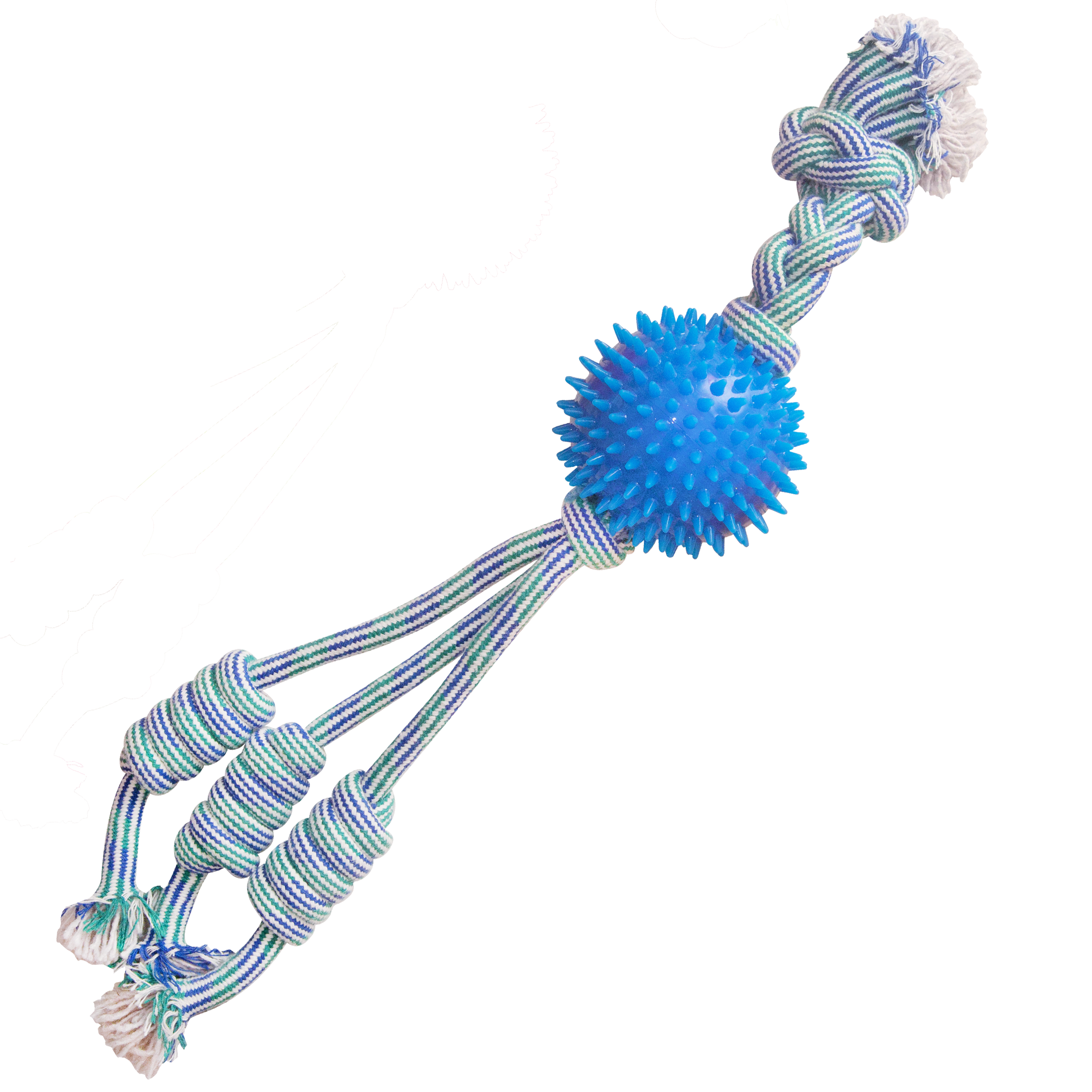 A blue and white Snugarooz Feel'N Spikey Dog Toy with a spiky blue rubber ball rests on a green and blue background. Gentle on teeth, this interactive toy is perfect for energetic pups who enjoy tugging and playful fun.