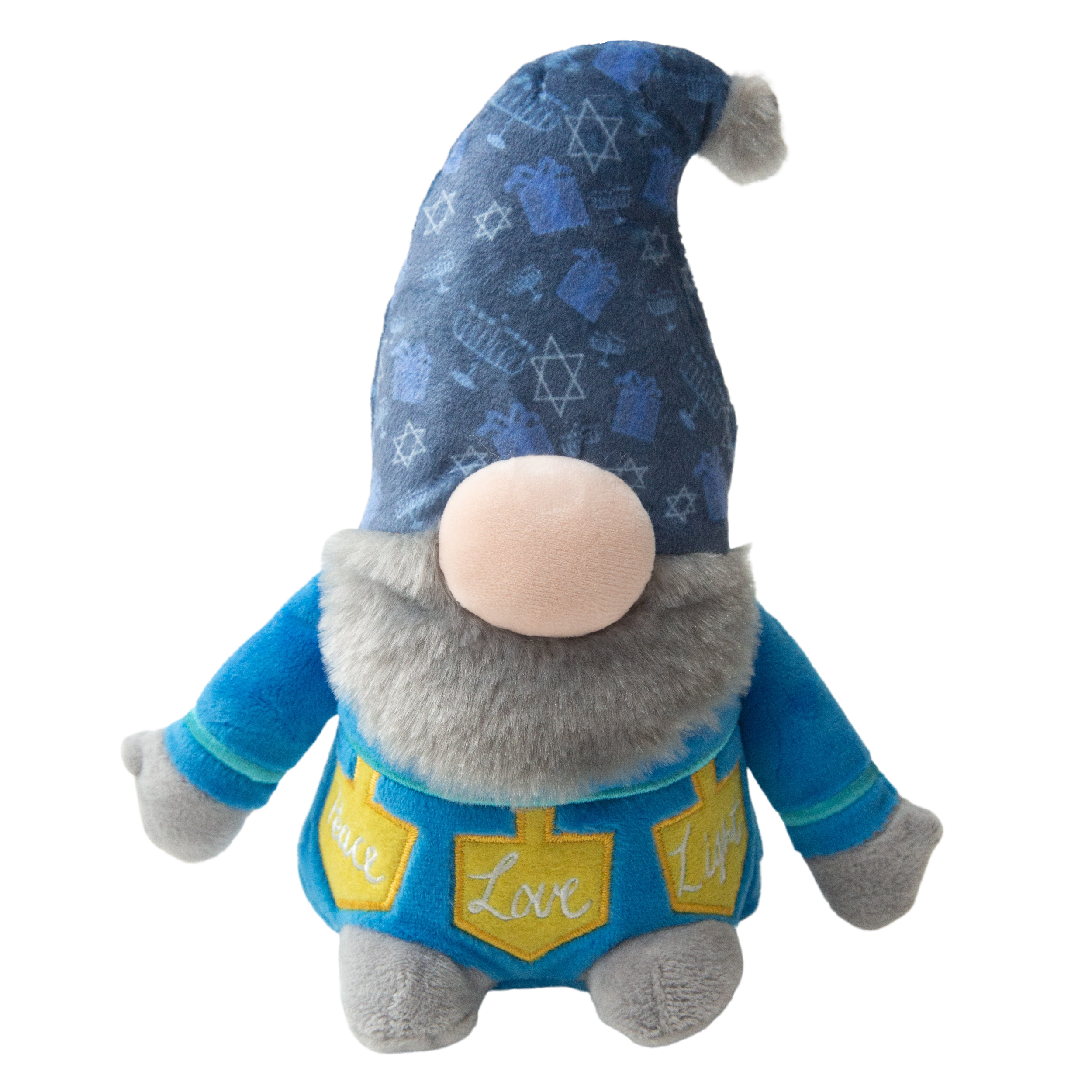 Snugarooz Hanukkah Harry is a plush dog toy gnome with a large, round nose, gray beard, blue hat with Stars of David, and a blue outfit decorated with yellow menorahs labeled "Love" and "Life.