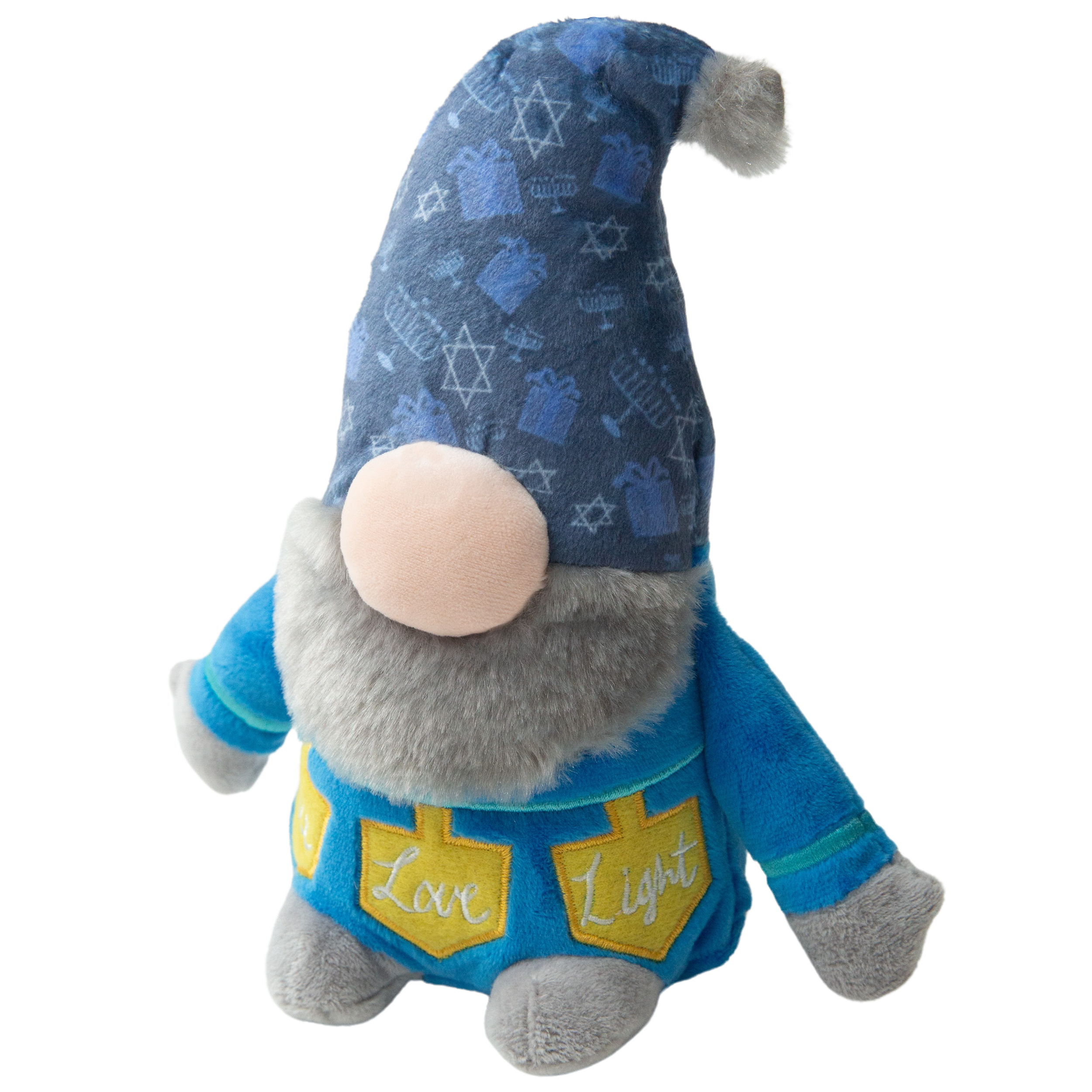Snugarooz Hanukkah Harry is a plush dog toy gnome with a large, round nose, gray beard, blue hat with Stars of David, and a blue outfit decorated with yellow menorahs labeled "Love" and "Life.