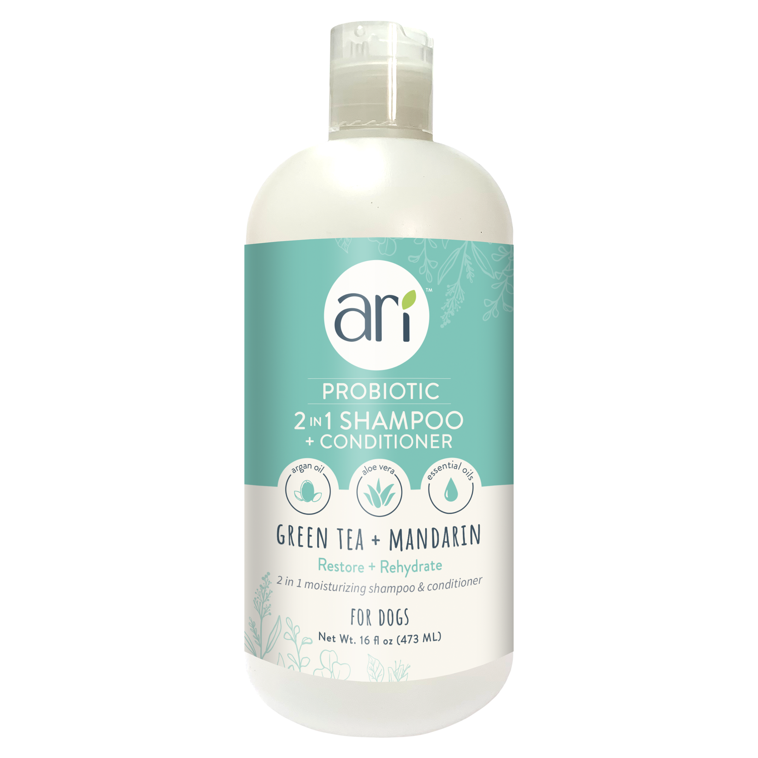 A 16 fl oz bottle of Health Extension ARI Probiotic 2 in 1 Shampoo + Conditioner for dogs in teal and white, features green tea and mandarin, with natural conditioner benefits and leaf illustrations.