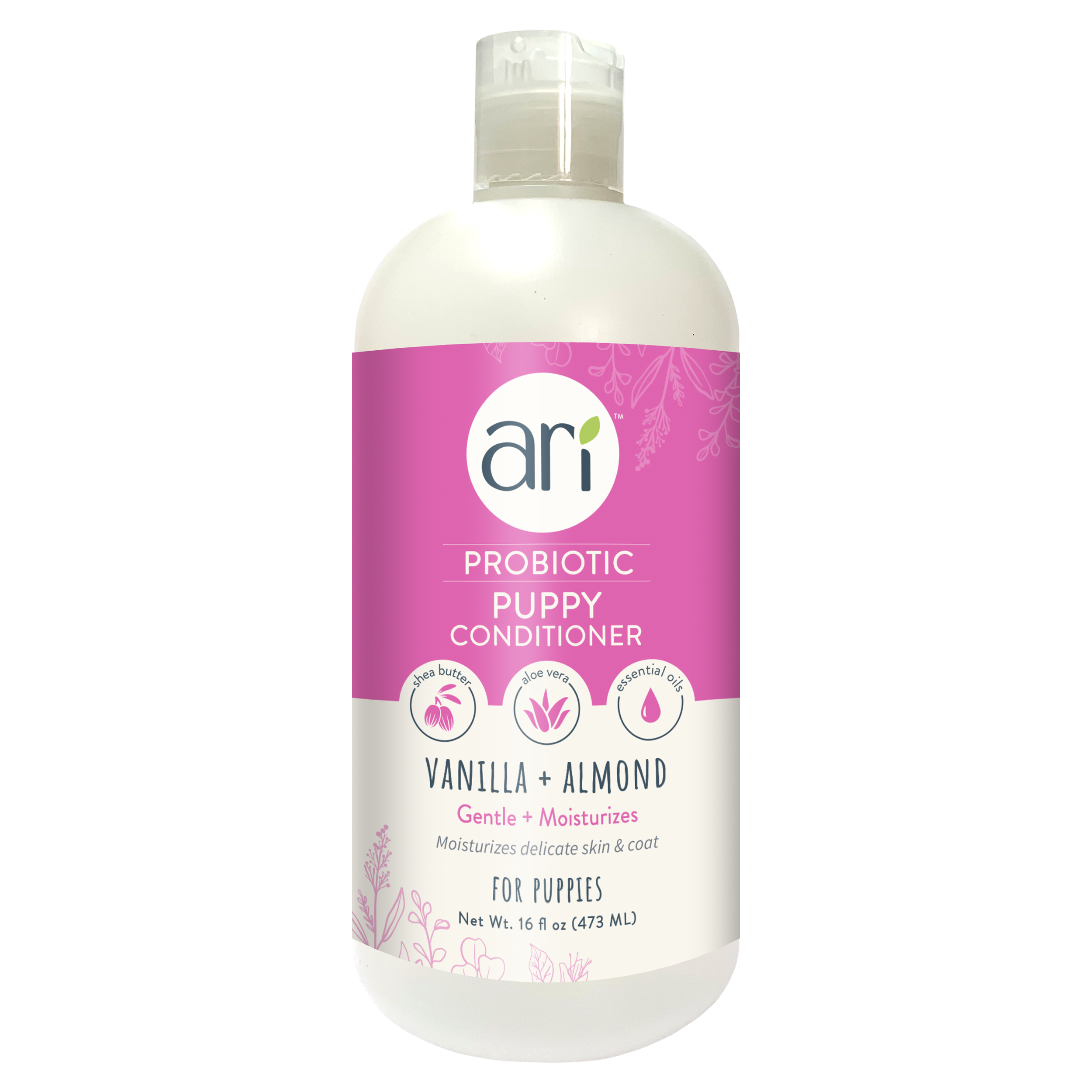 A 16 fl oz bottle of Health Extension ARI Probiotic Puppy Conditioner, vanilla + almond scent. This all-natural, pH-balanced puppy conditioner gently moisturizes and is ideal for puppies with delicate skin and coats.