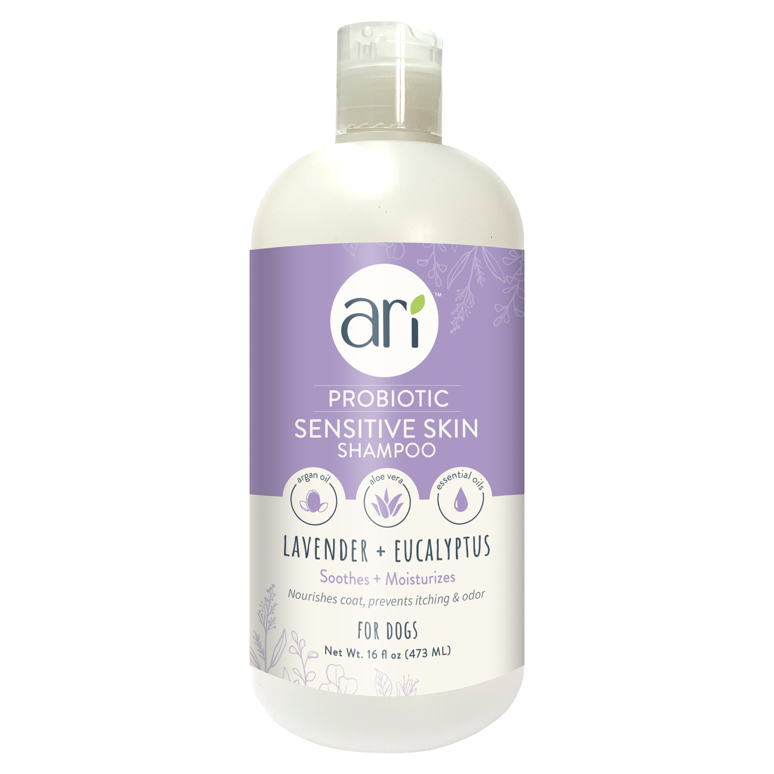 Health Extension ARI Probiotic Sensitive Skin Shampoo for dogs is an all-natural, soothing, and moisturizing formula with lavender and eucalyptus in a 16 oz (473 ml) bottle featuring a purple and white label with plant illustrations.