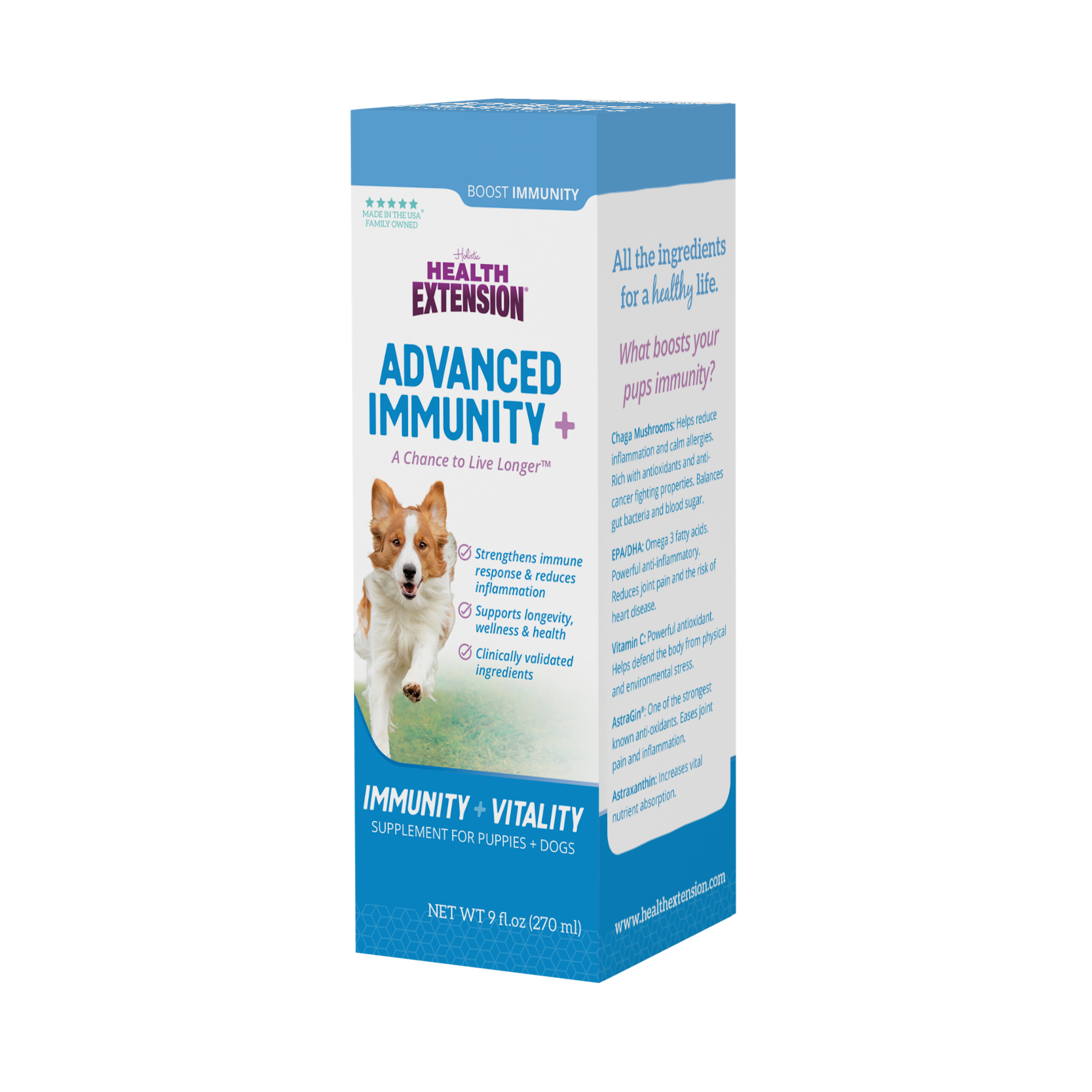 A bottle and box of Health Extension Advanced Immunity+ supplement for dogs, featuring a happy dog running and text highlighting immunity and vitality. Packaging is white and blue with purple and teal accents.