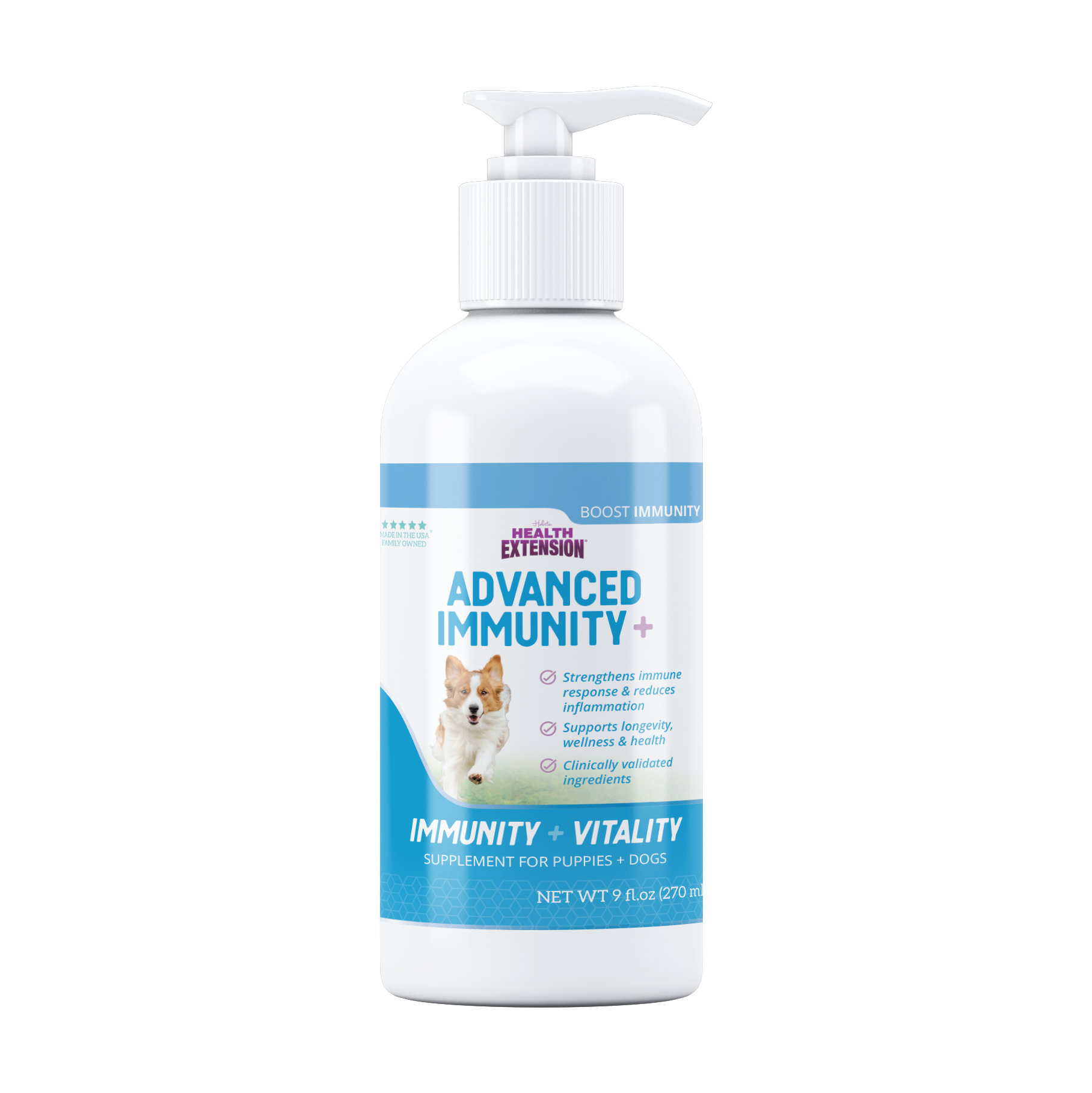A bottle and box of Health Extension Advanced Immunity+ supplement for dogs, featuring a happy dog running and text highlighting immunity and vitality. Packaging is white and blue with purple and teal accents.