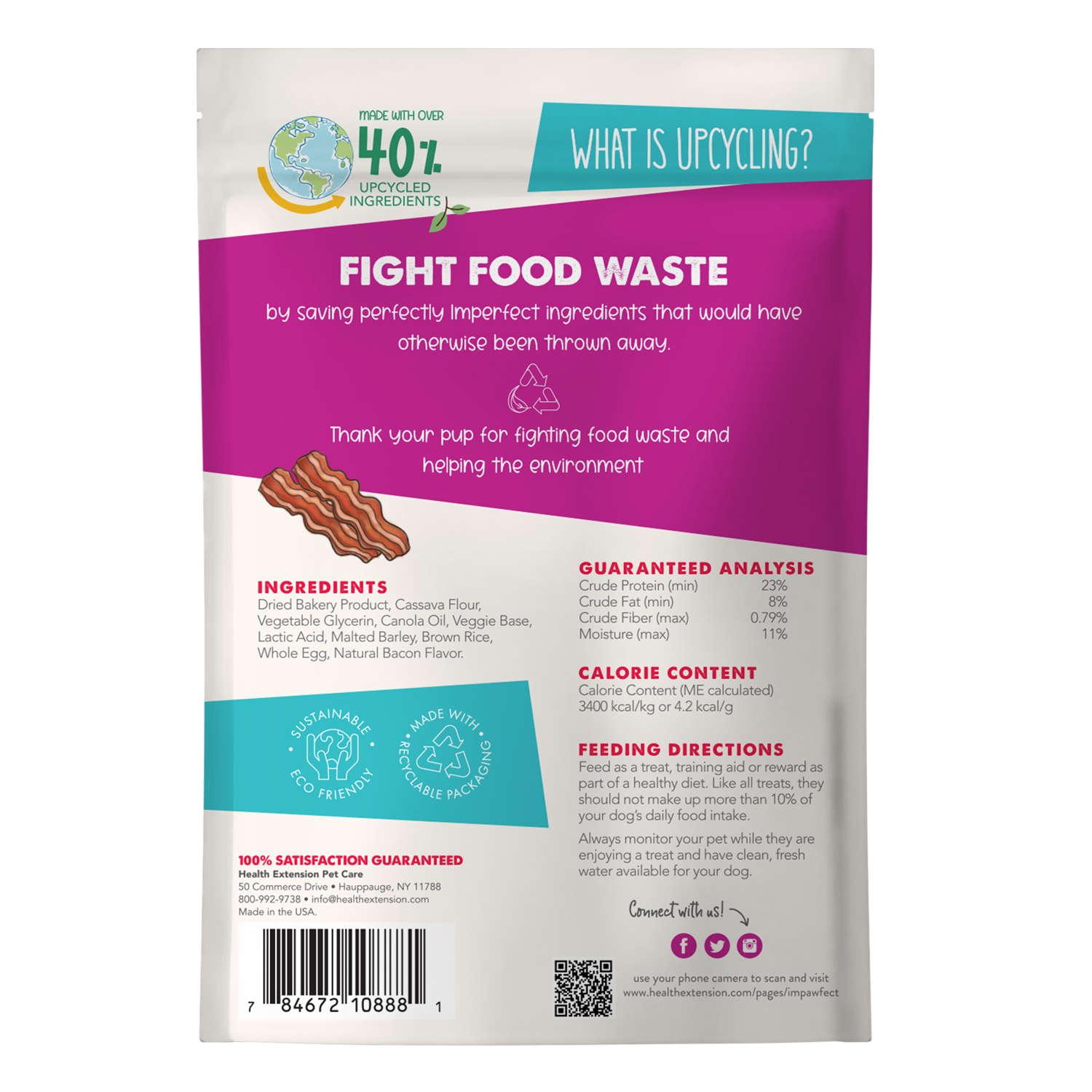 Health Extension Impawfect Bacon Training Treats are heart-shaped dog treats made from upcycled ingredients to help fight food waste, all packaged in recyclable bags.