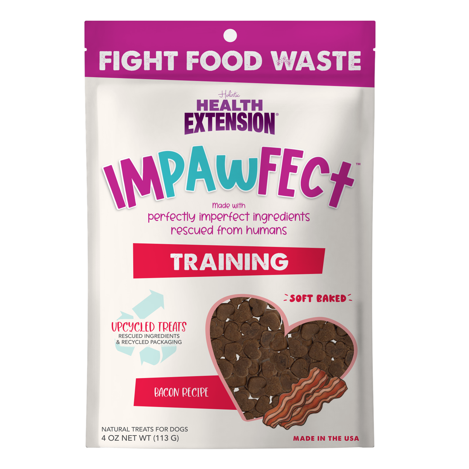 Health Extension Impawfect Bacon Training Treats are heart-shaped dog treats made from upcycled ingredients to help fight food waste, all packaged in recyclable bags.