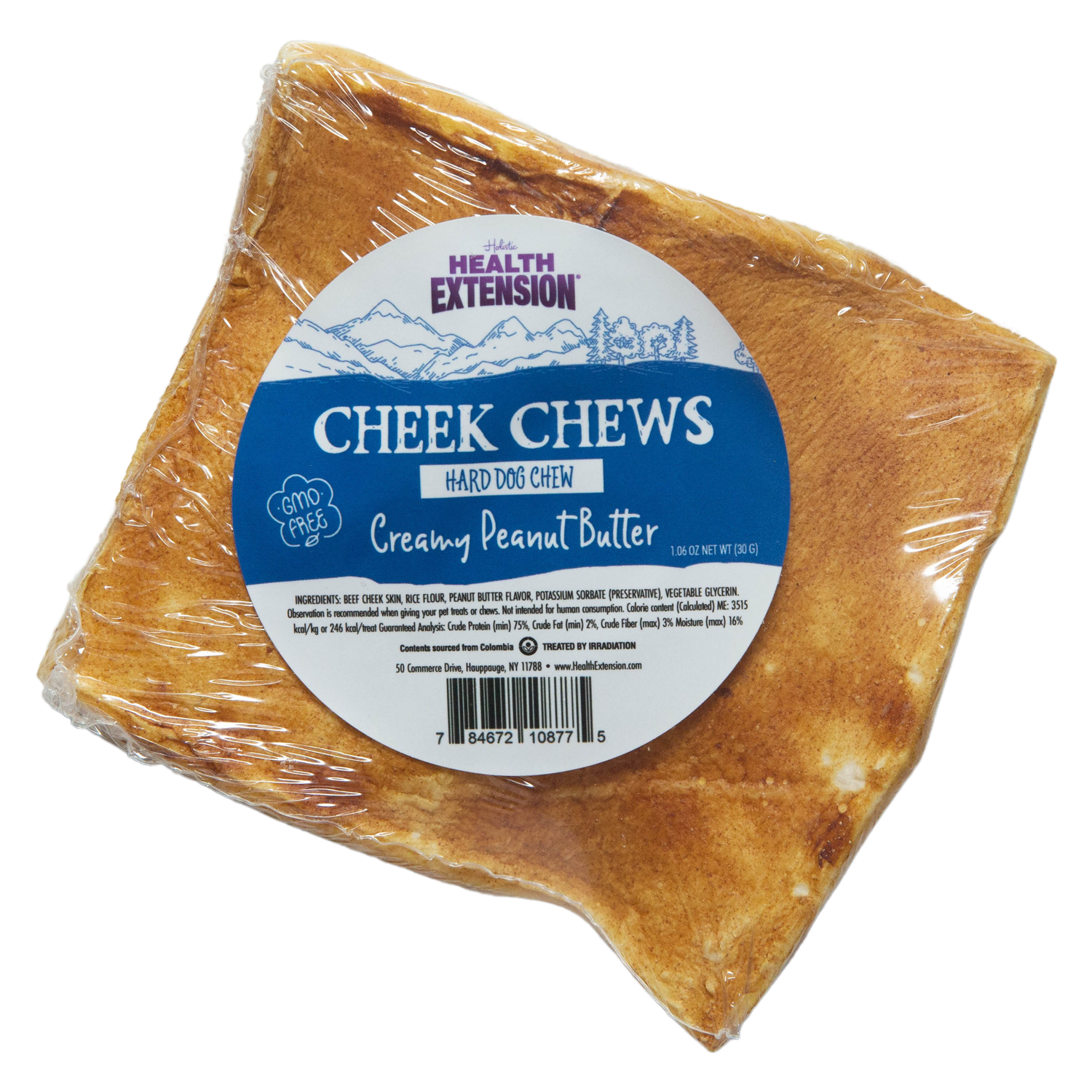 Health Extension Cheek Chew - Creamy Peanut Butter is a GMO-free dog chew treat, wrapped in plastic with a blue and white label.