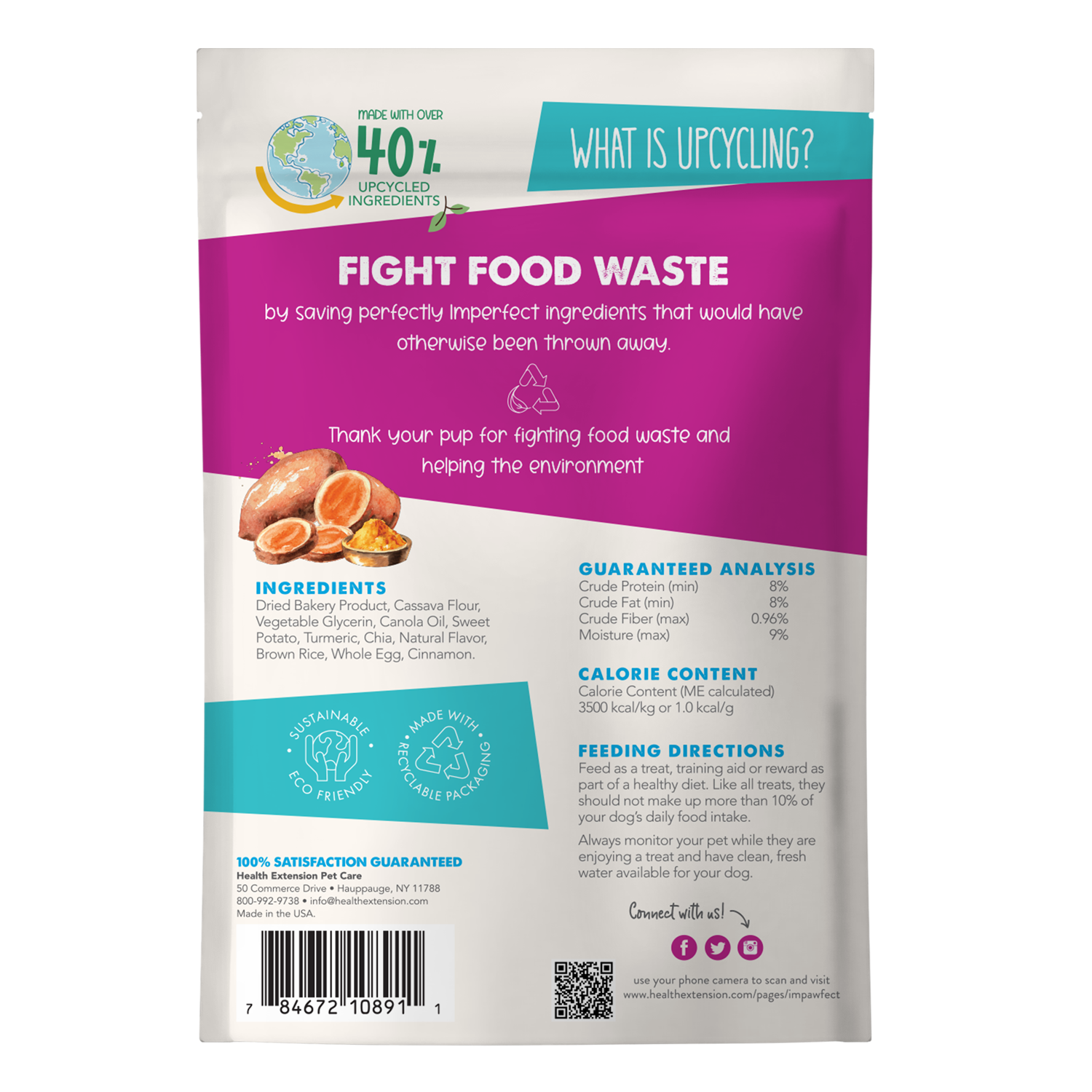 A bag of Health Extension Impawfect Sweet Potato & Turmeric for Hip & Joint Support dog treats, soft-baked and made with upcycled ingredients, features a Fight Food Waste banner on the packaging.