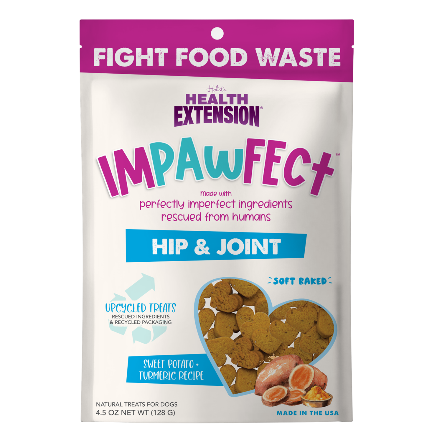 A bag of Health Extension Impawfect Sweet Potato & Turmeric for Hip & Joint Support dog treats, soft-baked and made with upcycled ingredients, features a Fight Food Waste banner on the packaging.