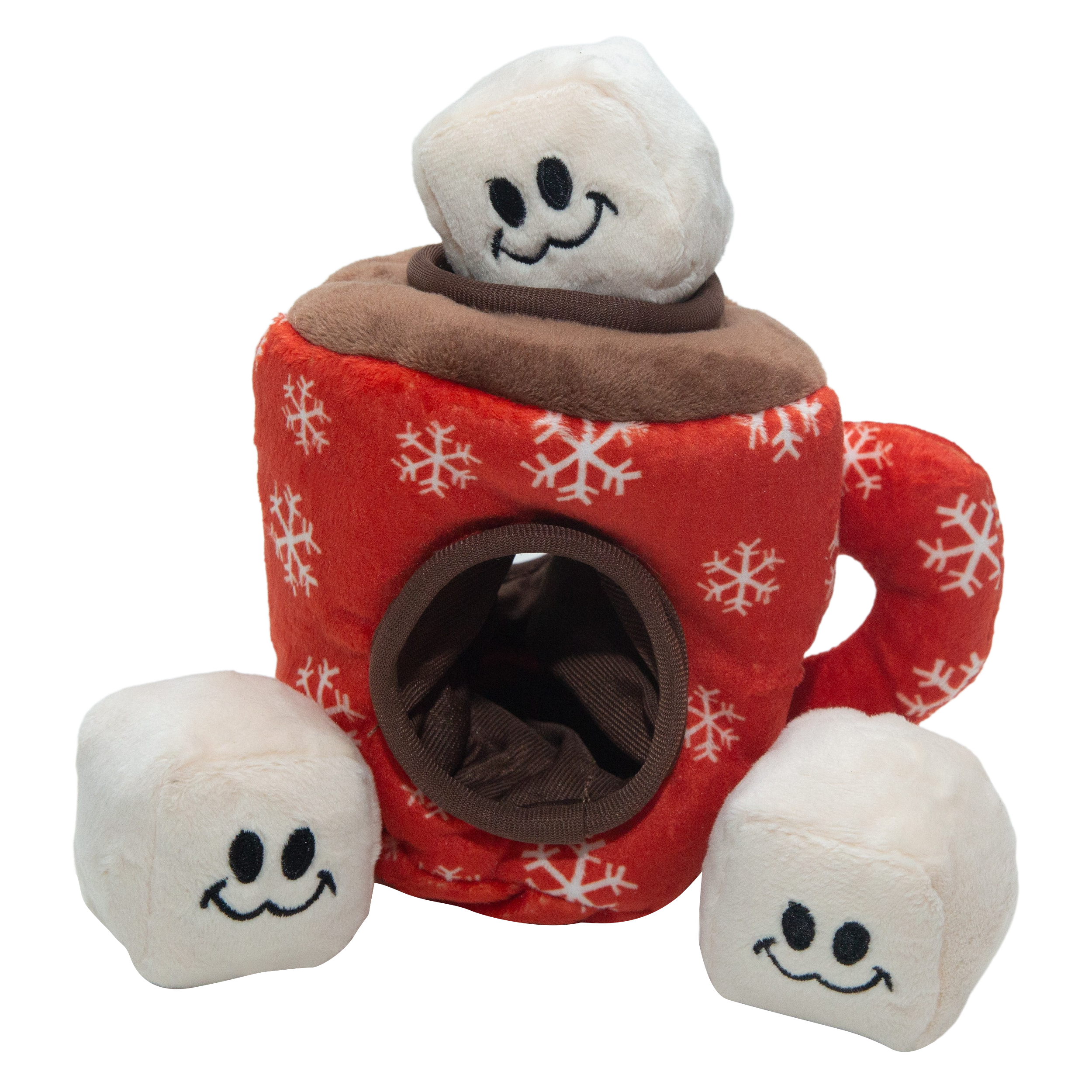 The Snugarooz Hide & Seek Cocoa is an adorable interactive dog toy featuring a plush red mug with white snowflakes and three smiling marshmallows—perfect for hide and seek fun!.