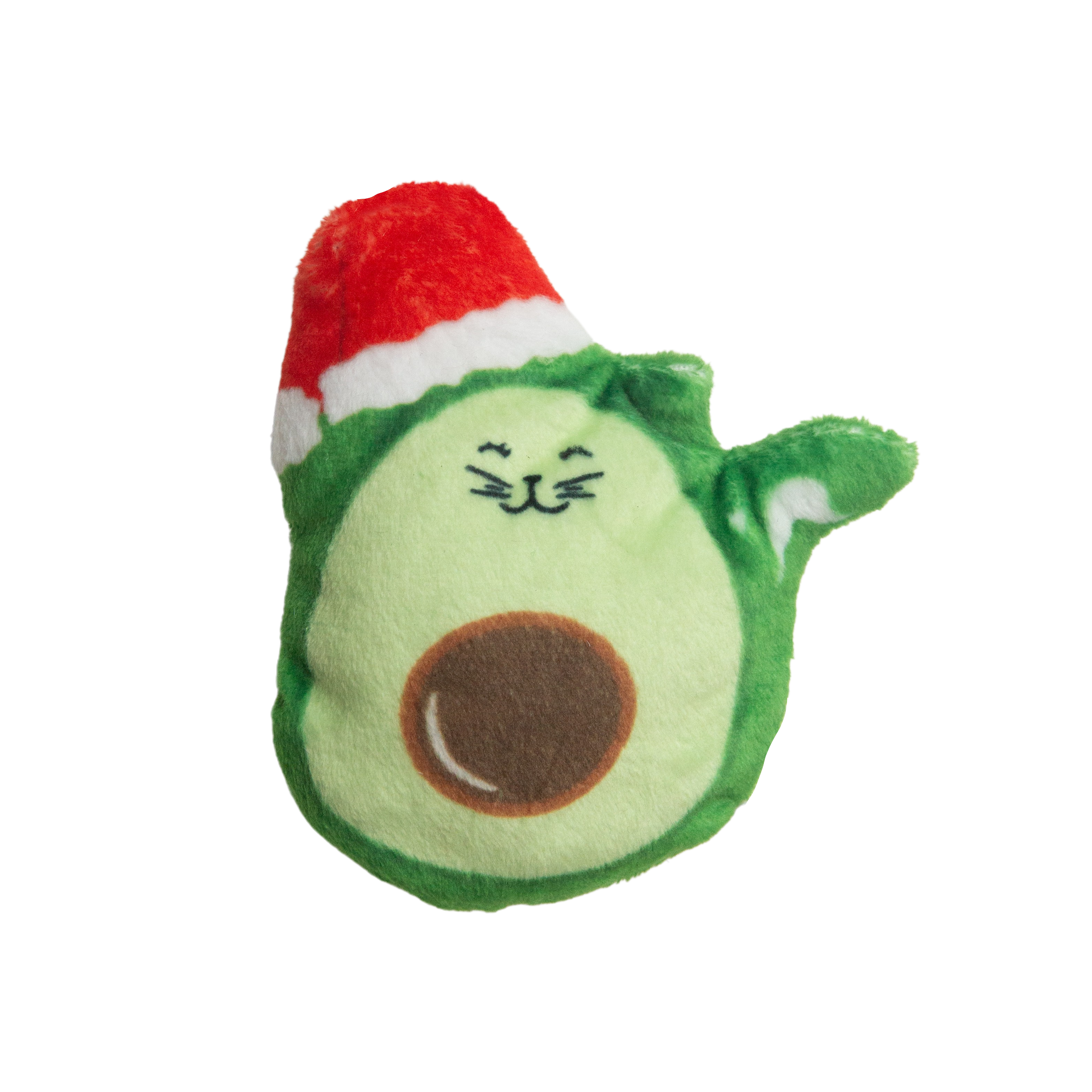 The Snugarooz Avocato Santa with Catnip is a cute avocado-shaped holiday cat toy featuring a smiling face, big brown pit, cat-like details, and a Santa hat—perfect for festive feline fun.
