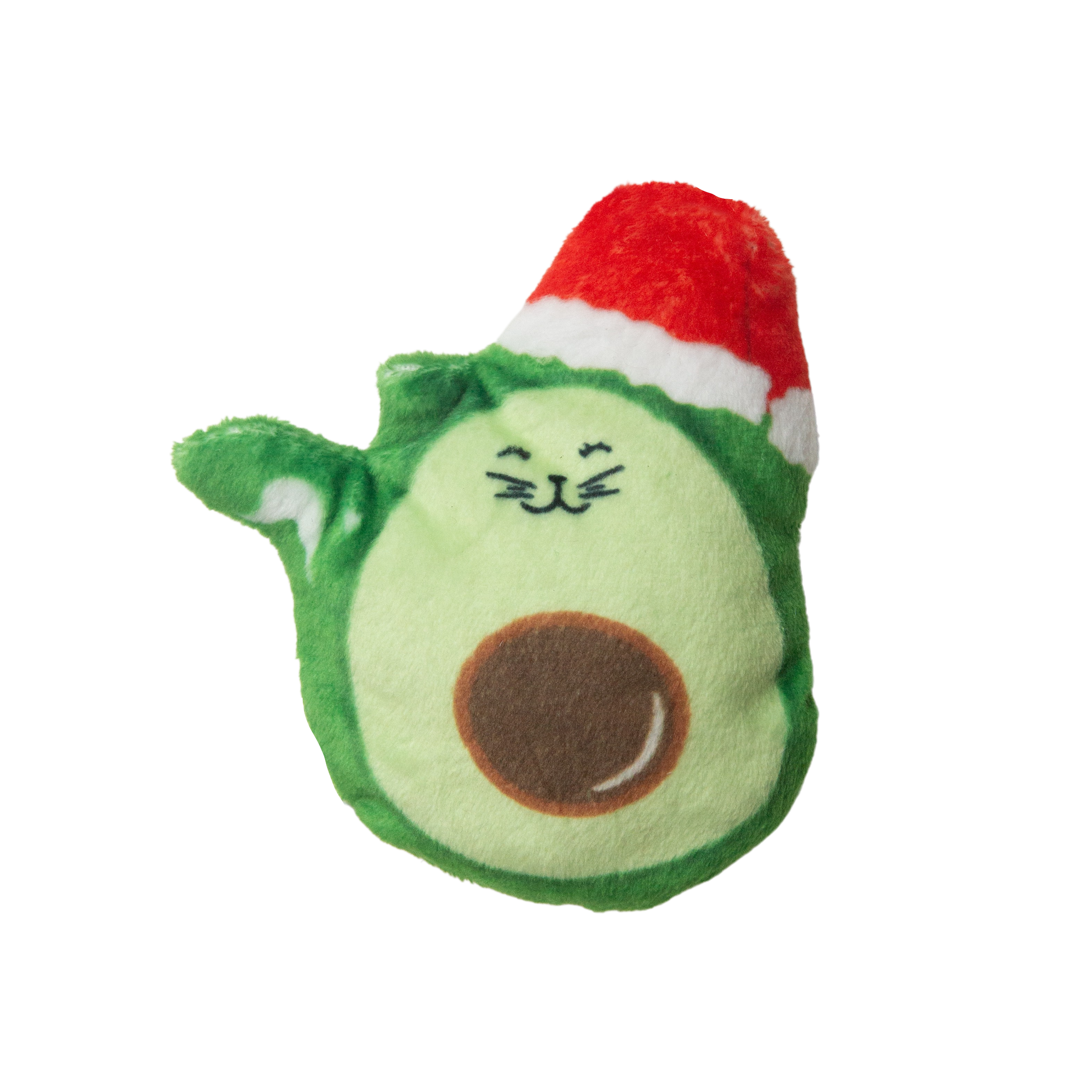 The Snugarooz Avocato Santa with Catnip is a cute avocado-shaped holiday cat toy featuring a smiling face, big brown pit, cat-like details, and a Santa hat—perfect for festive feline fun.