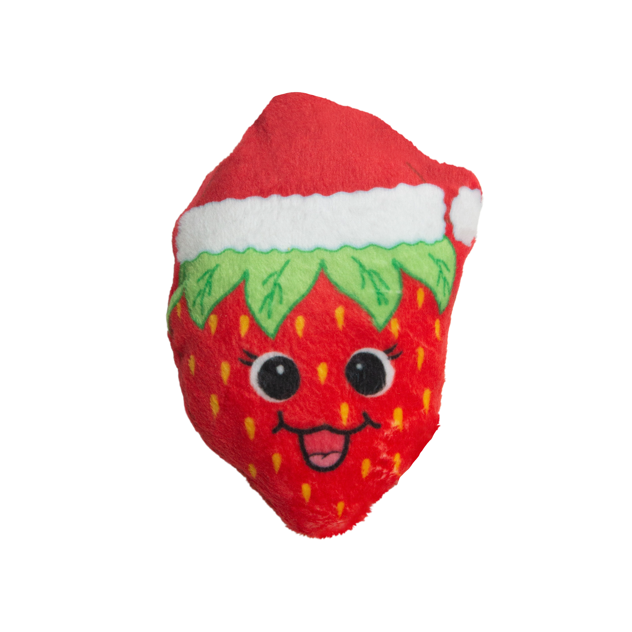 Snugarooz’s Berry Christmas with Catnip is a plush strawberry-shaped cat toy, featuring a smiling face, big black eyes, green leaves, yellow seeds, and a red Santa hat—festive fun your feline will love!.