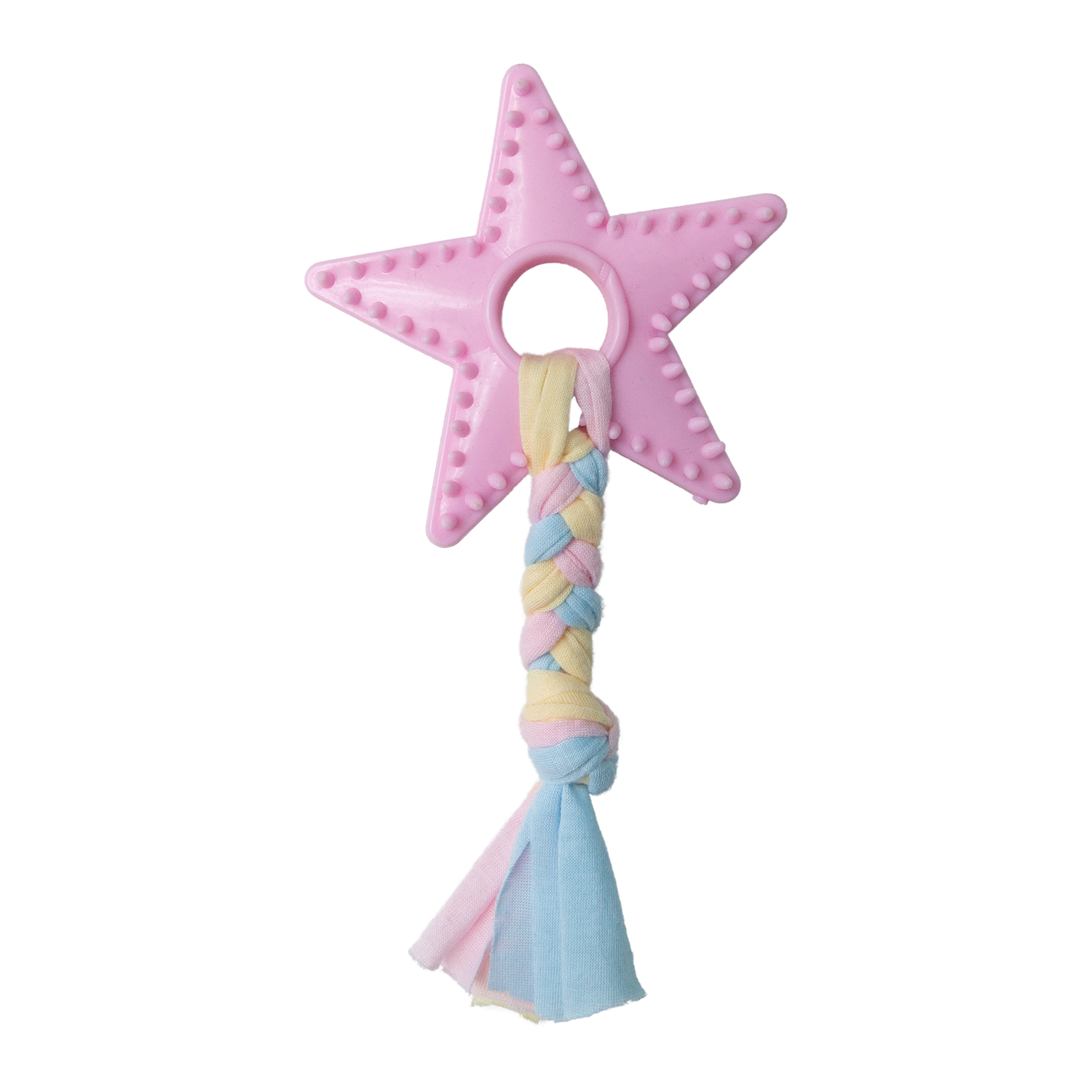 The Snugarooz Lil Star Chew is a pink, star-shaped toy with textured bumps for dental health and a center hole, finished with braided pastel blue, yellow, and pink fabric strips at the bottom.