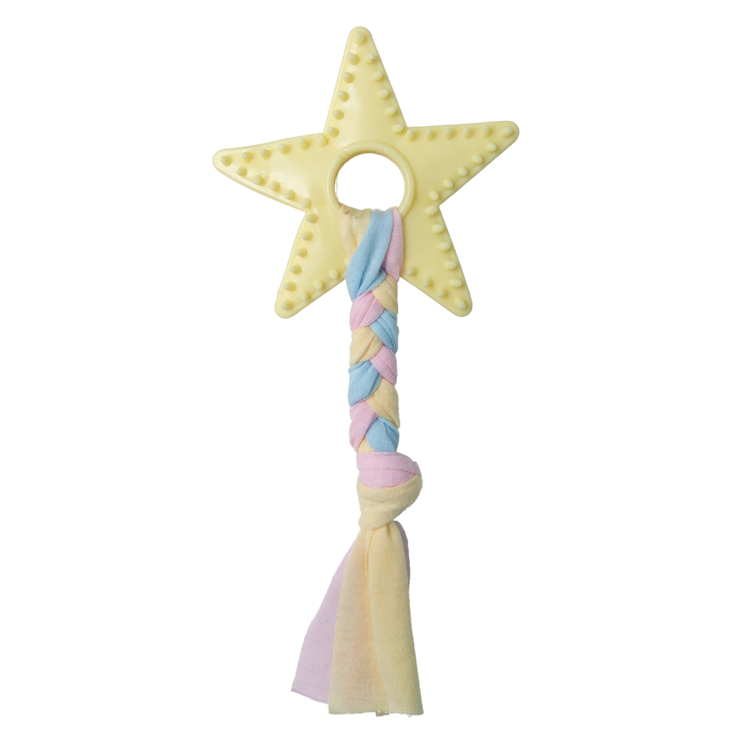 The Snugarooz Lil Star Chew is a pink, star-shaped toy with textured bumps for dental health and a center hole, finished with braided pastel blue, yellow, and pink fabric strips at the bottom.
