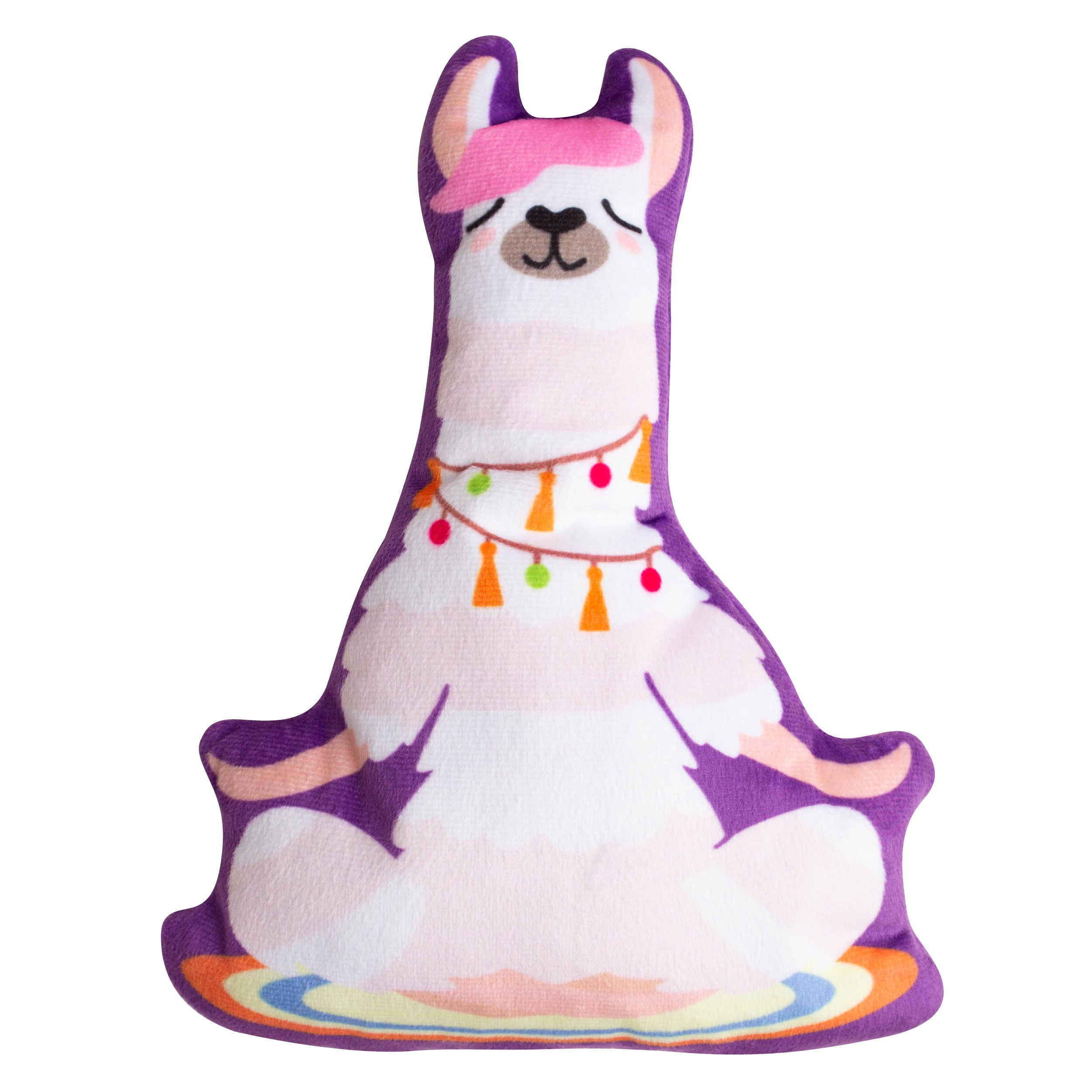 The Snugarooz Llamaste is a plush dog toy shaped like a cross-legged llama on a colorful mat with tassels and pom-poms. Pastel pink, white, and purple, it’s perfect for your pup’s playful zen moments.