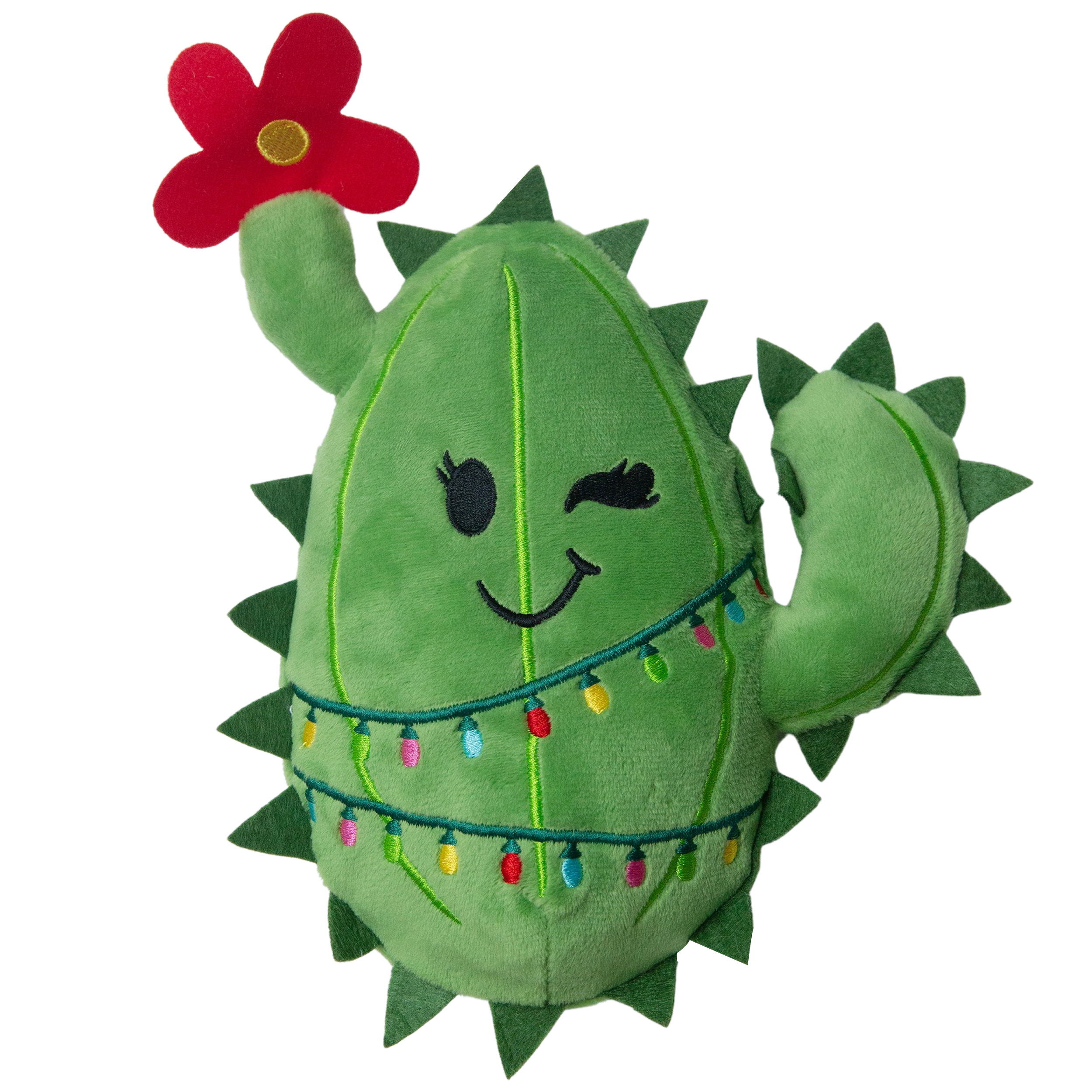 Snugarooz Merry Chloe is a plush cactus dog toy featuring a red flower, colorful string lights, and a winking smile—perfect as an eco-friendly holiday gift for your pup.