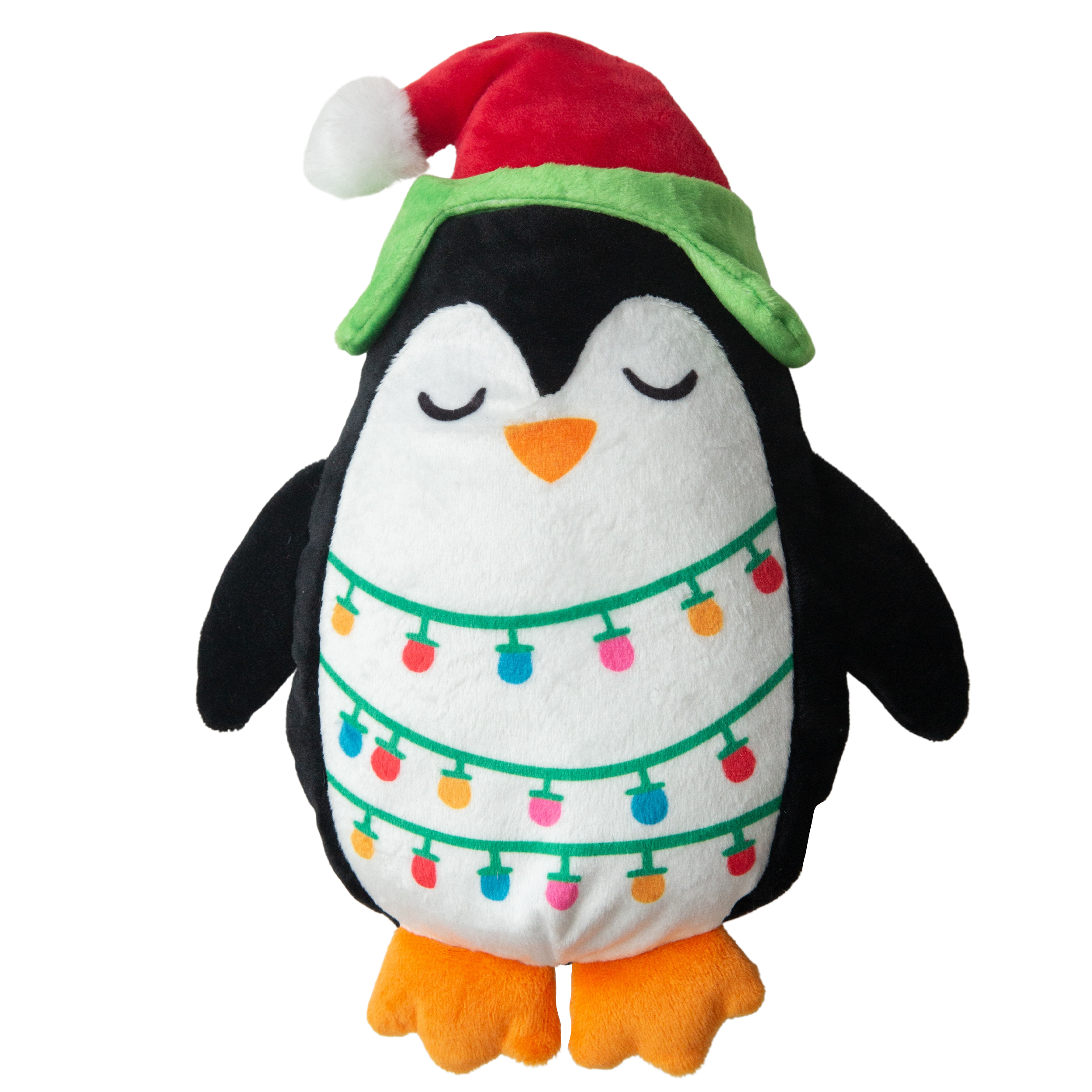 The Snugarooz Merry Penguin is an adorable plush dog toy wearing a red Santa hat and colorful lights, standing on orange feet with closed eyes—an eco-friendly toy made from recycled water bottles.