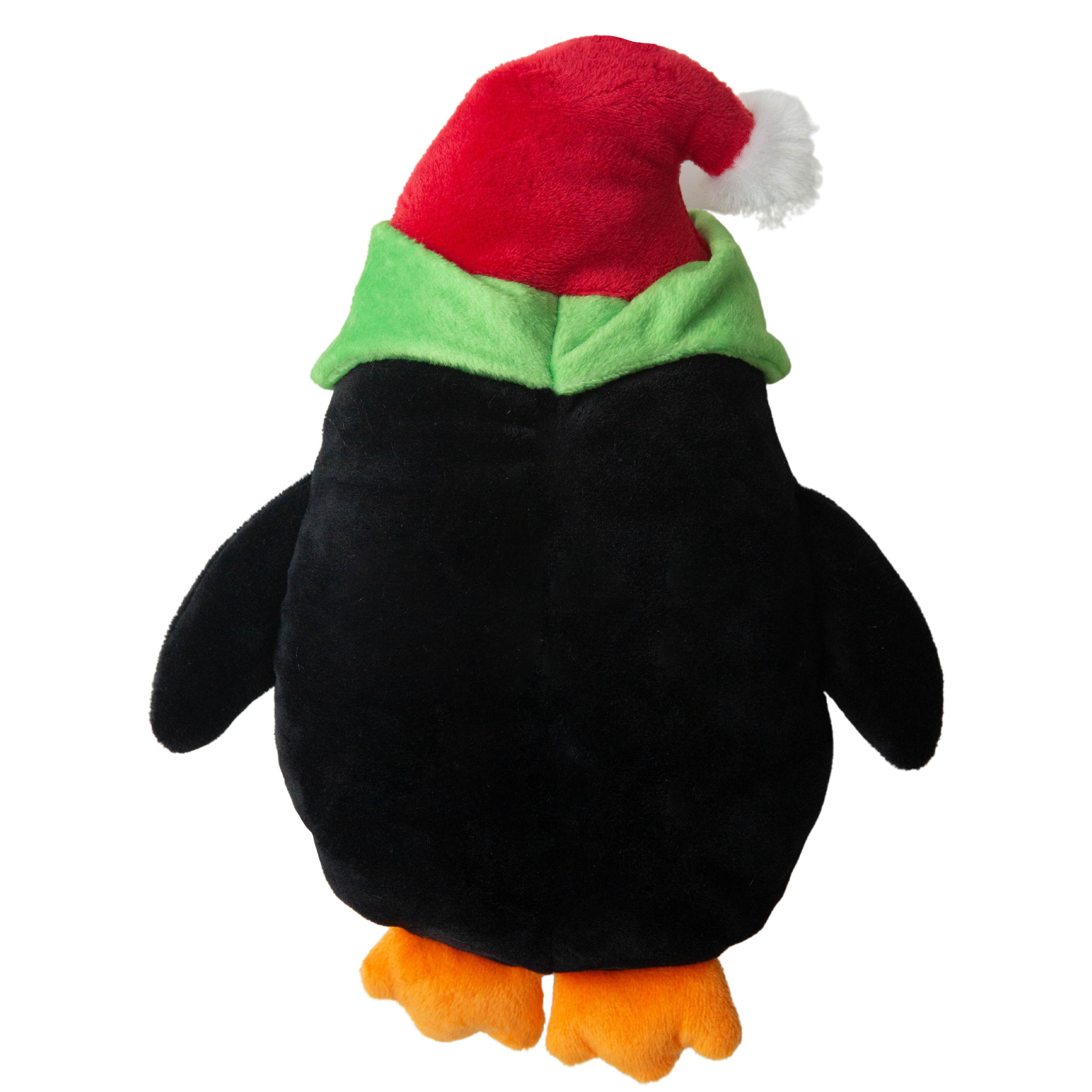 The Snugarooz Merry Penguin is an adorable plush dog toy wearing a red Santa hat and colorful lights, standing on orange feet with closed eyes—an eco-friendly toy made from recycled water bottles.