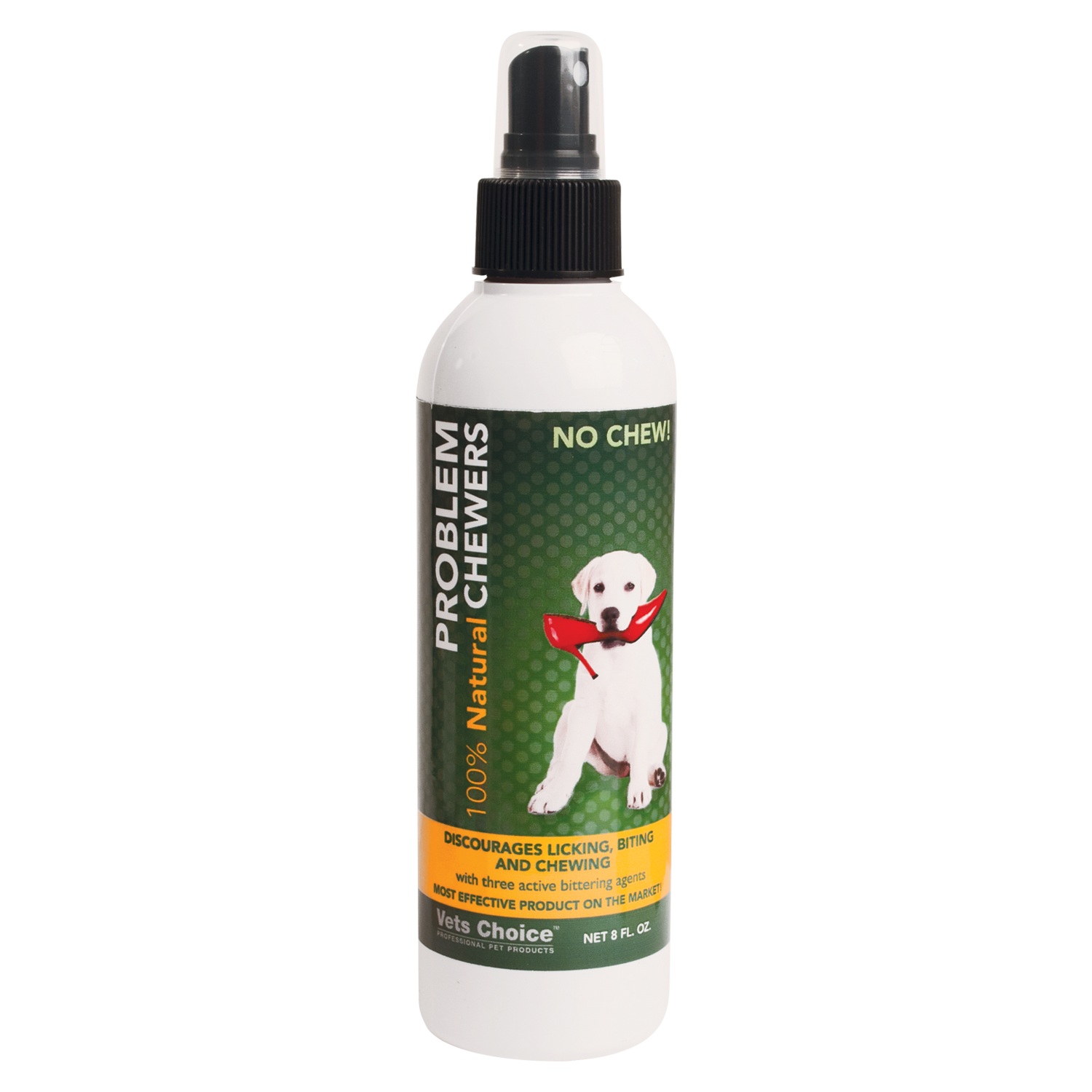A white spray bottle of Health Extension Problem Chewers features a puppy image and states it discourages licking, biting, and chewing—making it a vet-recommended bitter spray for problem chewers.