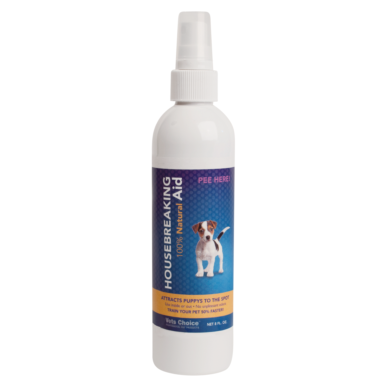 A white spray bottle labeled Health Extension Housebreaking Aid features a puppy image and "Pee Here!" text. It attracts puppies for potty training, works great with puppy pads, and is recommended by vets.