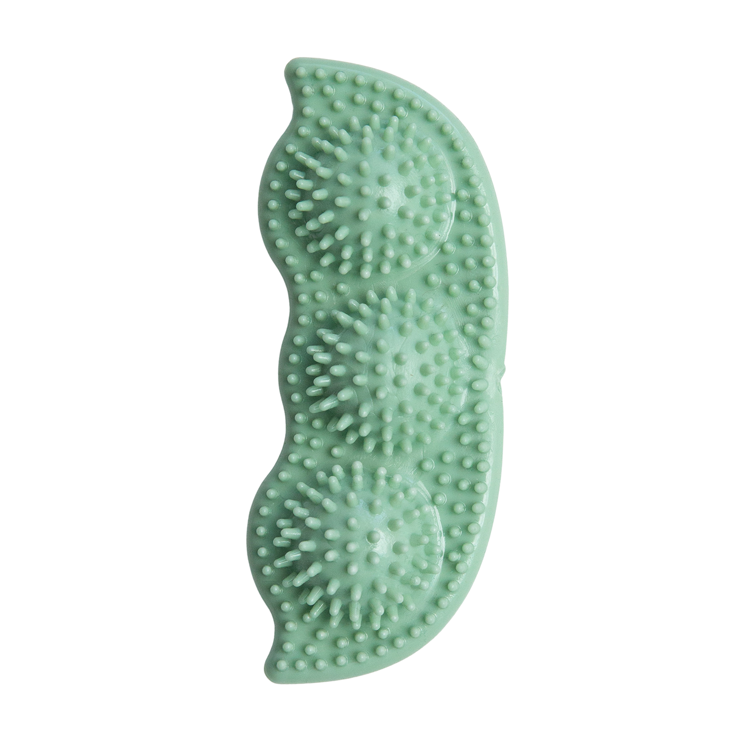 The Snugarooz Pea Podz is a light green, pea pod-shaped silicone massager and eco-friendly dog toy with three round textured sections, each covered in soft bristles for tactile stimulation and dental health.