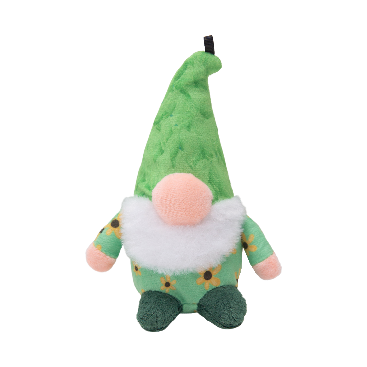 Snugarooz Baby Meadow is an adorable, eco-friendly plush gnome dog toy featuring a tall green hat, white fluffy beard, peach-colored nose and hands, green shoes, and a green outfit with yellow flowers—perfect for your pup!.