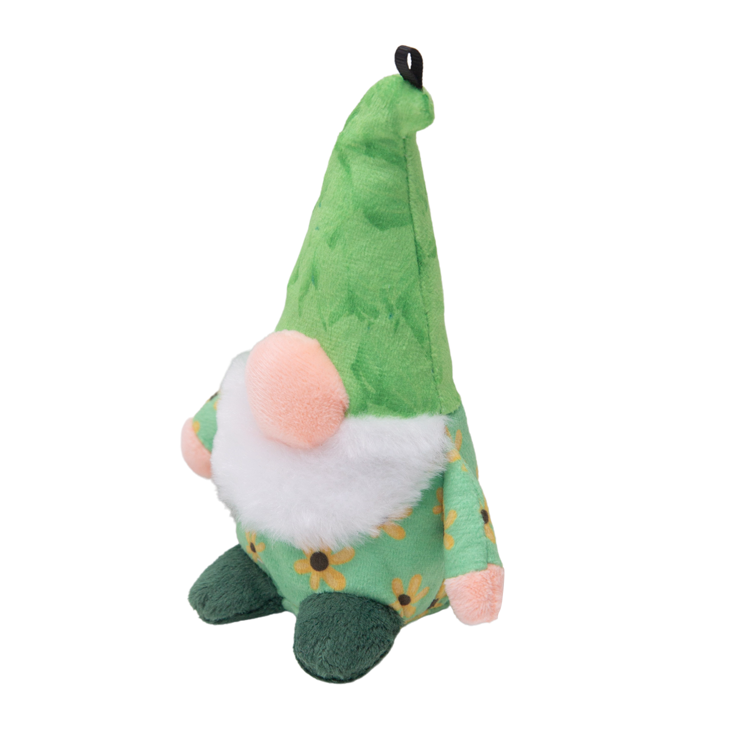 Snugarooz Baby Meadow is an adorable, eco-friendly plush gnome dog toy featuring a tall green hat, white fluffy beard, peach-colored nose and hands, green shoes, and a green outfit with yellow flowers—perfect for your pup!.