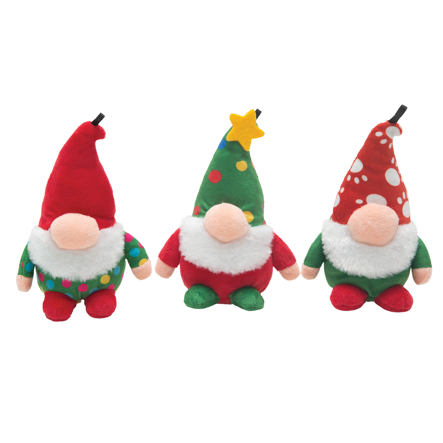 The Snugarooz Baby Gnomies set features three plush dolls with big hats and white beards: one with a red hat and colorful spots, one with a green hat and yellow star, and one with a red hat and white spots.
