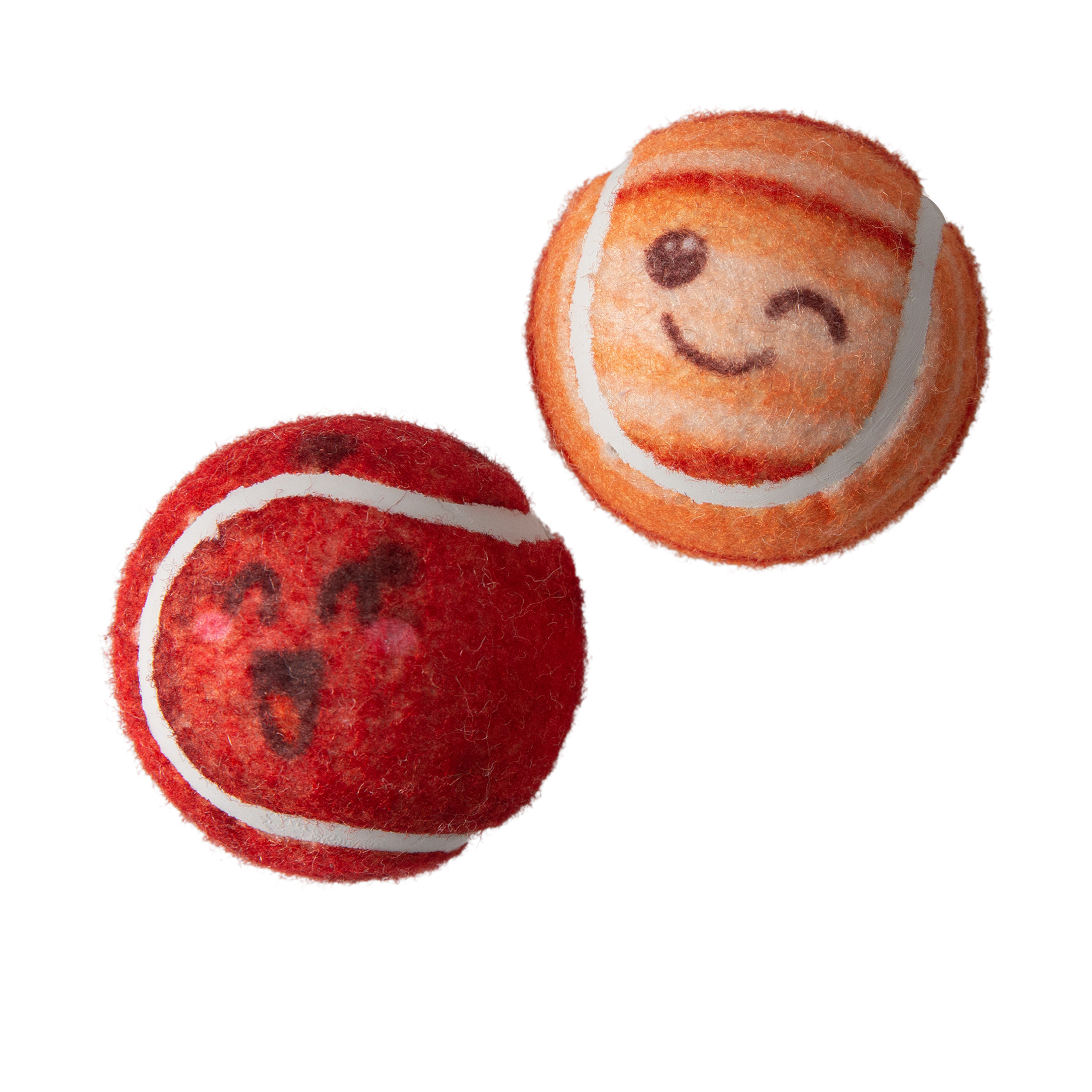 The Snugarooz Behind Mars 2pk Tennis Squeaky Balls feature two eco-friendly, durable balls—one red and excited, one orange and winking—with playful cartoon faces, perfect as dog toys. They pair together against a crisp white background.