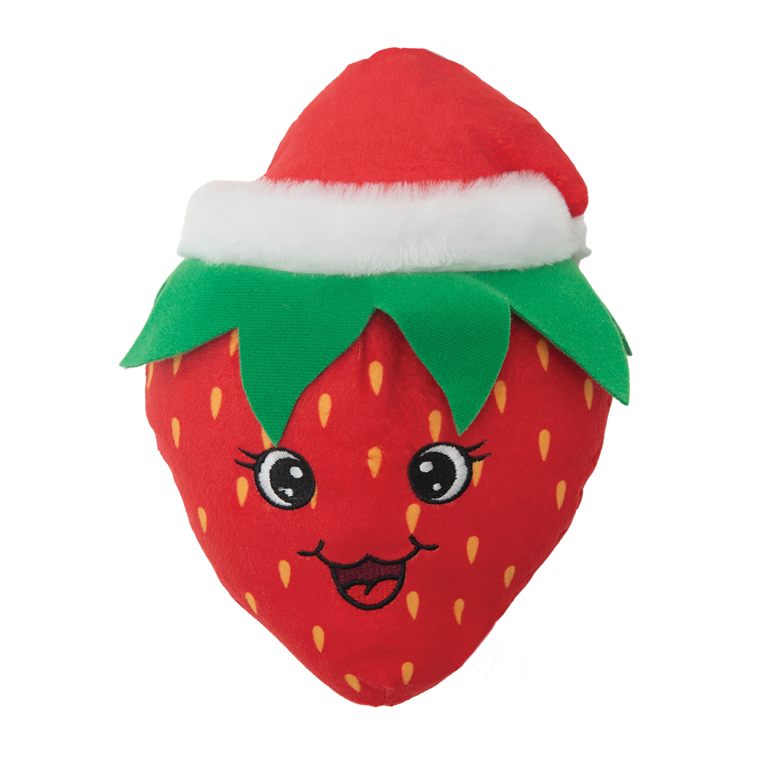 Berry Christmas by Snugarooz is an eco-friendly, strawberry-shaped plush pet toy with a smile, cartoon eyes, green leaves, and a Santa hat—made from recycled water bottle plush for festive holiday fun.