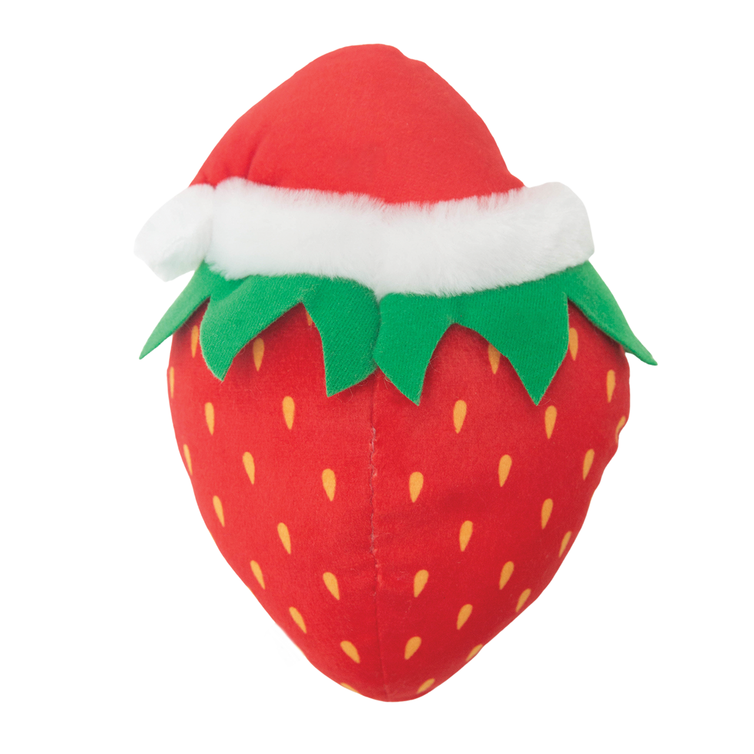 Berry Christmas by Snugarooz is an eco-friendly, strawberry-shaped plush pet toy with a smile, cartoon eyes, green leaves, and a Santa hat—made from recycled water bottle plush for festive holiday fun.