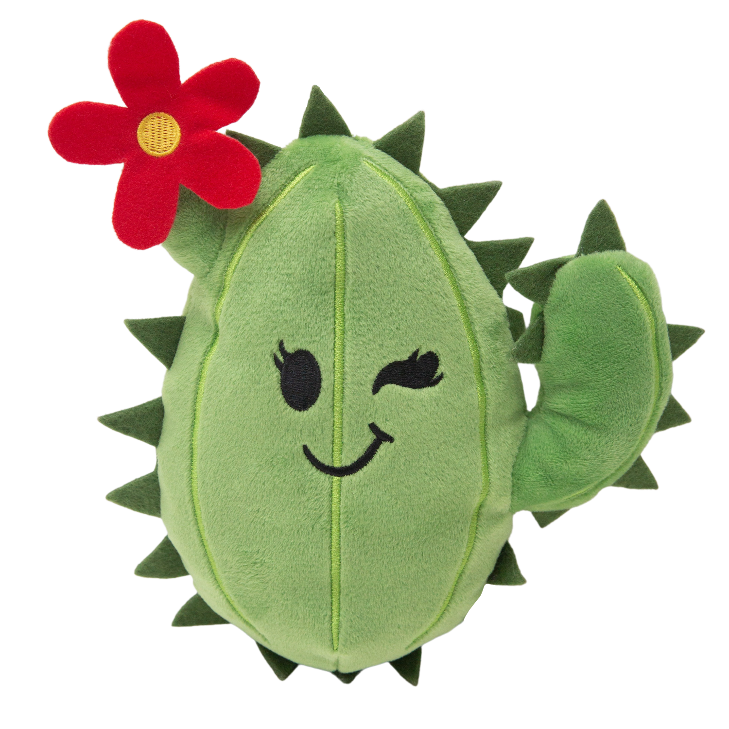 Chloe the Cactus by Snugarooz is a green plush dog toy with soft spikes, a red flower on top, a smiling winking face, and a raised arm—perfect for playful pups!.