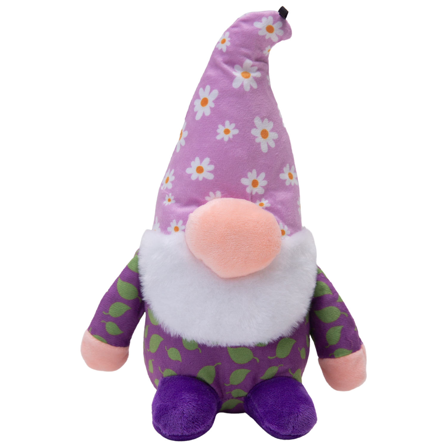 Daisy the Gnome by Snugarooz is a plush dog toy featuring a long purple hat with white daisies, a big round nose, white beard, purple and green outfit, and purple shoes, shown against a white background.