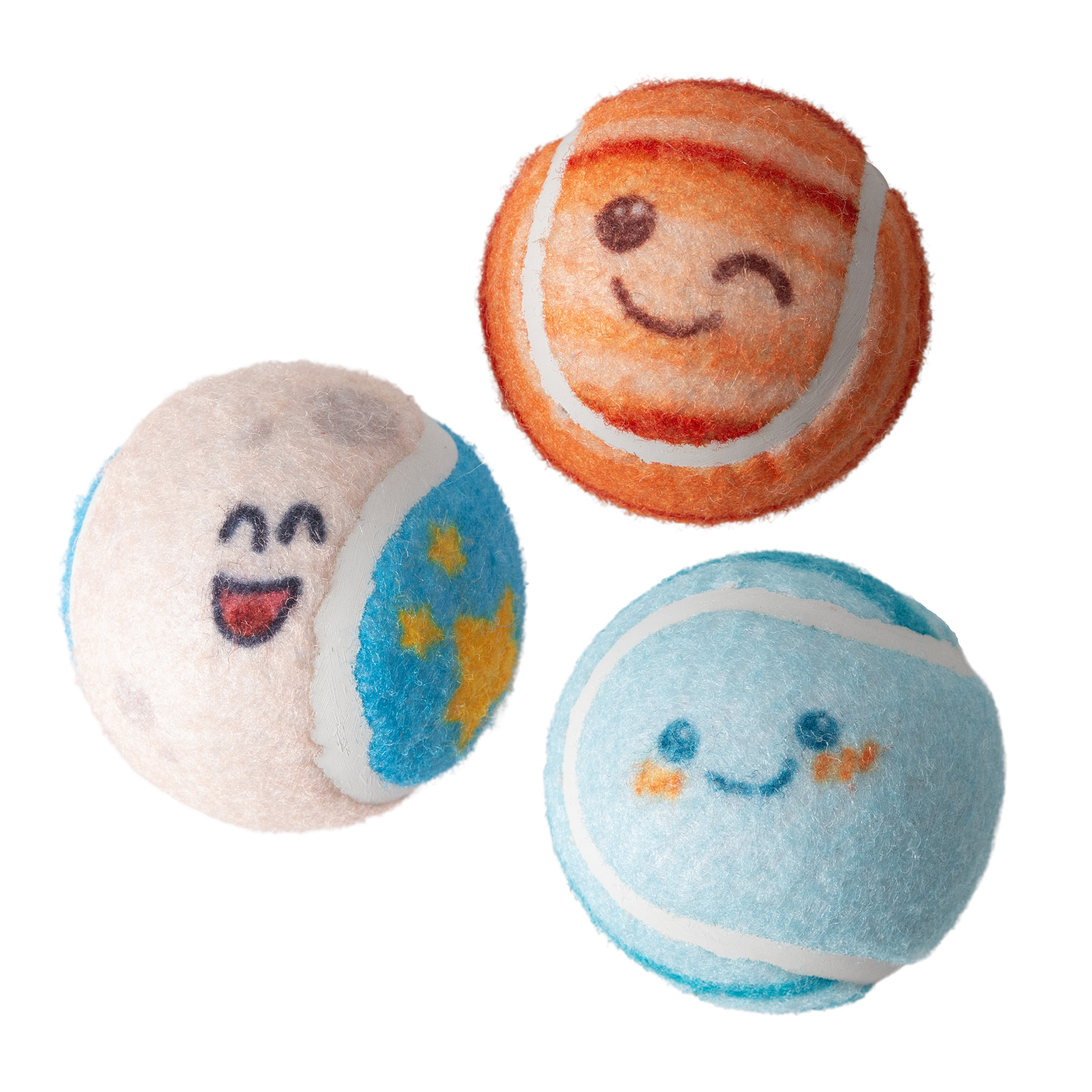 The Snugarooz Deep Space 3pk Squeaky Tennis Balls feature adorable, planet-themed designs—Jupiter, Neptune, and Earth—to add fun and cuteness to your dog’s playtime.