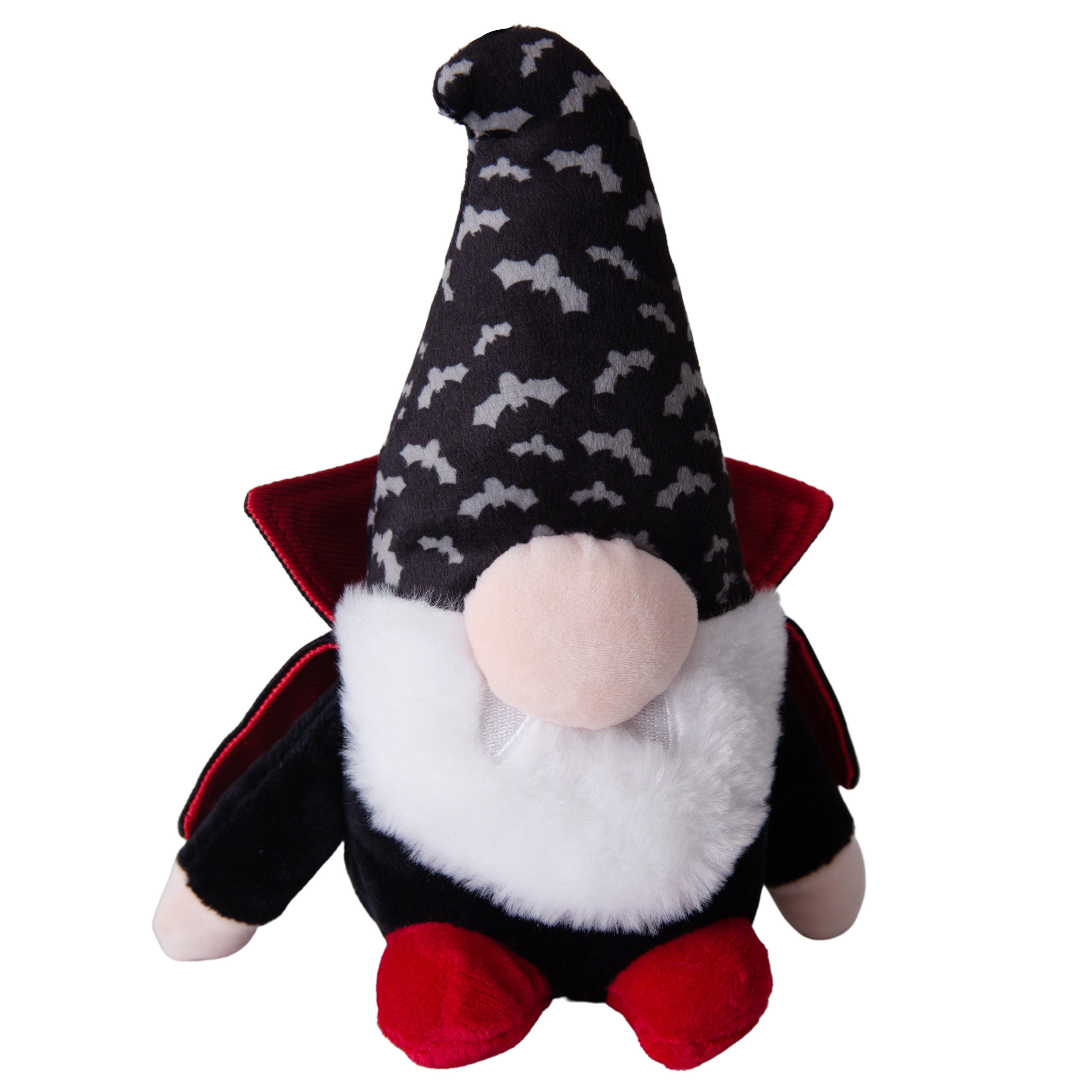 Drac the Gnome by Snugarooz is an eco-friendly Halloween plush toy with a tall black hat with white bats, fluffy white beard, black outfit, red feet, and a cape—made from recycled water bottles for spooky décor.