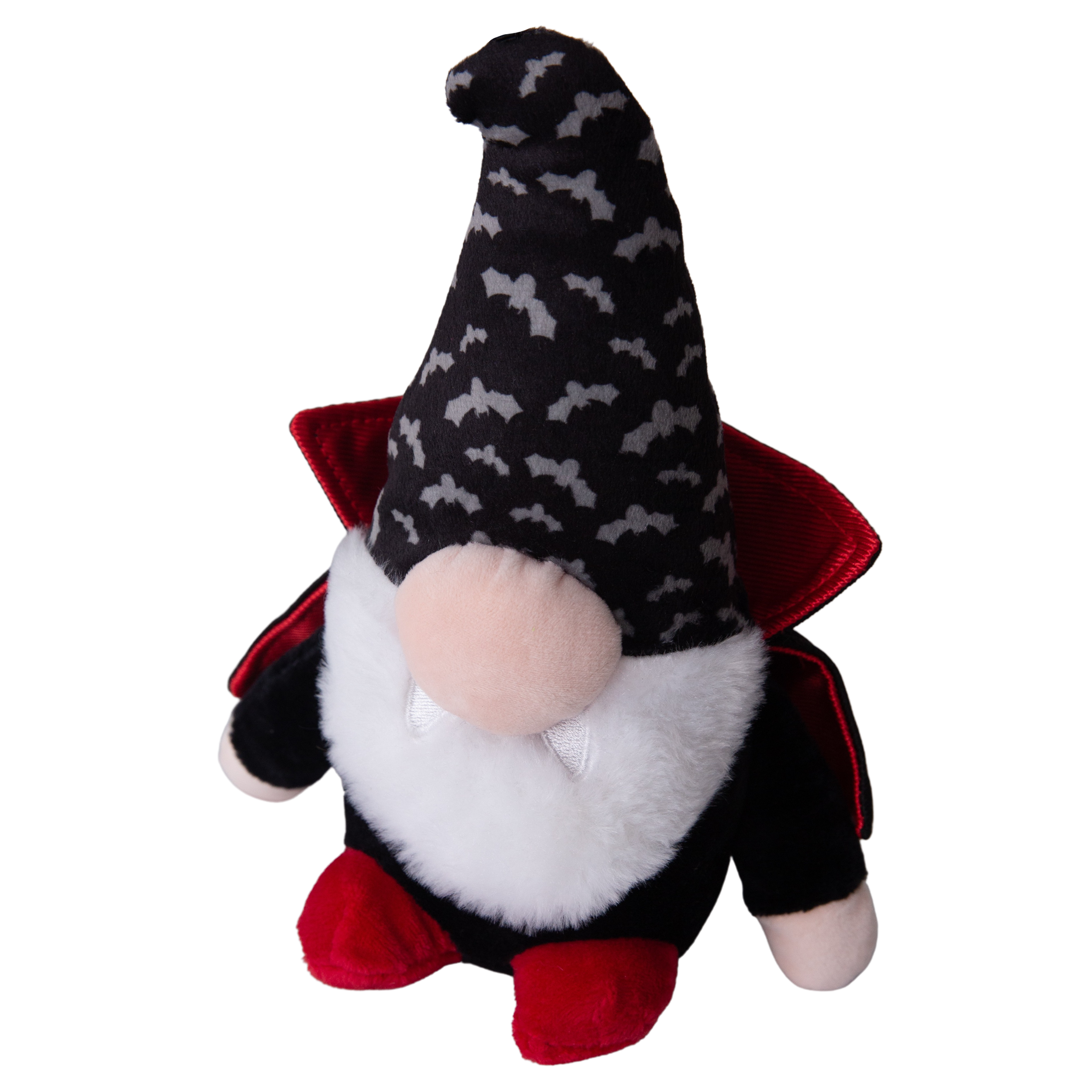 Drac the Gnome by Snugarooz is an eco-friendly Halloween plush toy with a tall black hat with white bats, fluffy white beard, black outfit, red feet, and a cape—made from recycled water bottles for spooky décor.
