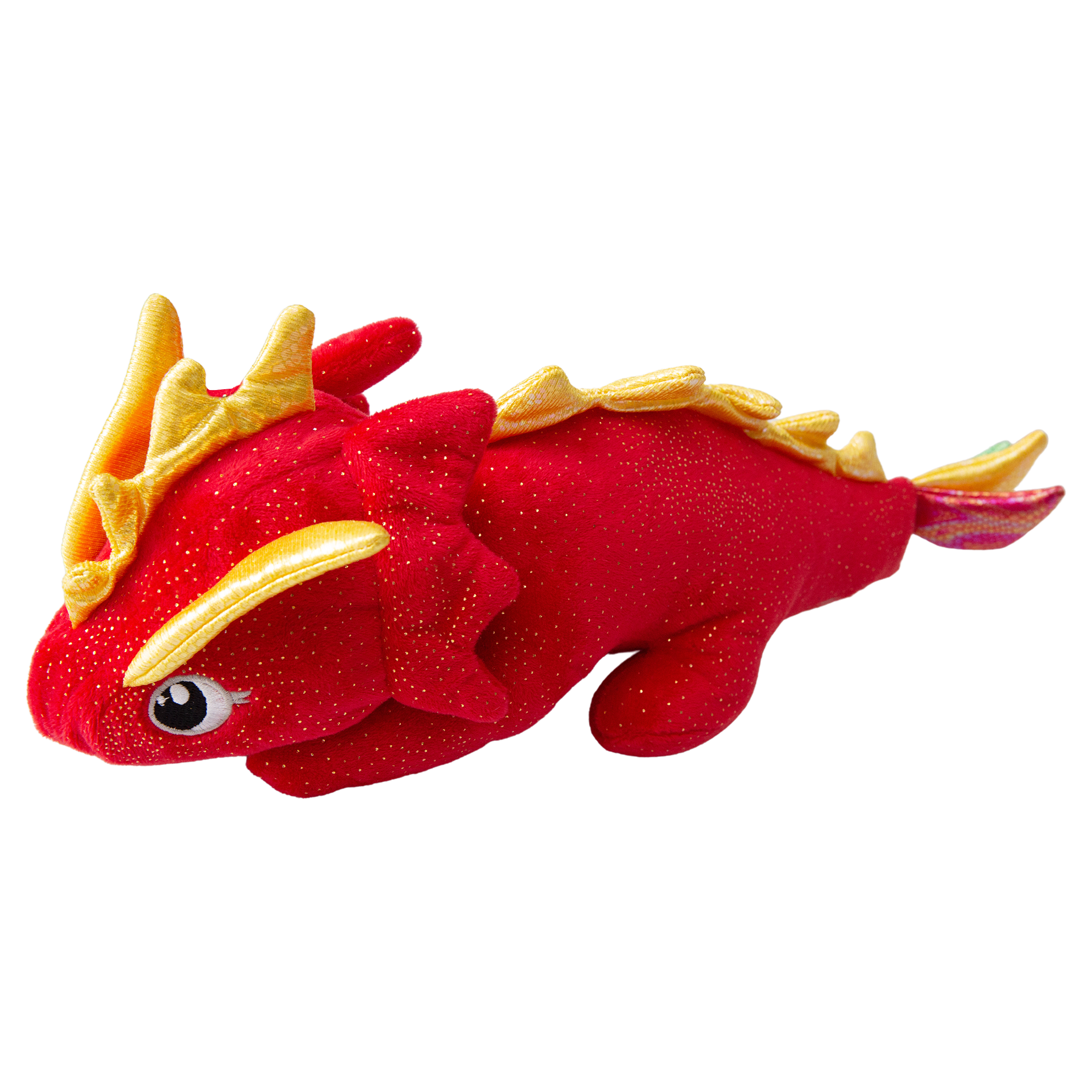 The Snugarooz Fire the Dragon dog toy features yellow-orange spikes, a white underbelly, and a multicolored tail tip. Shown lying on its side against a white background.