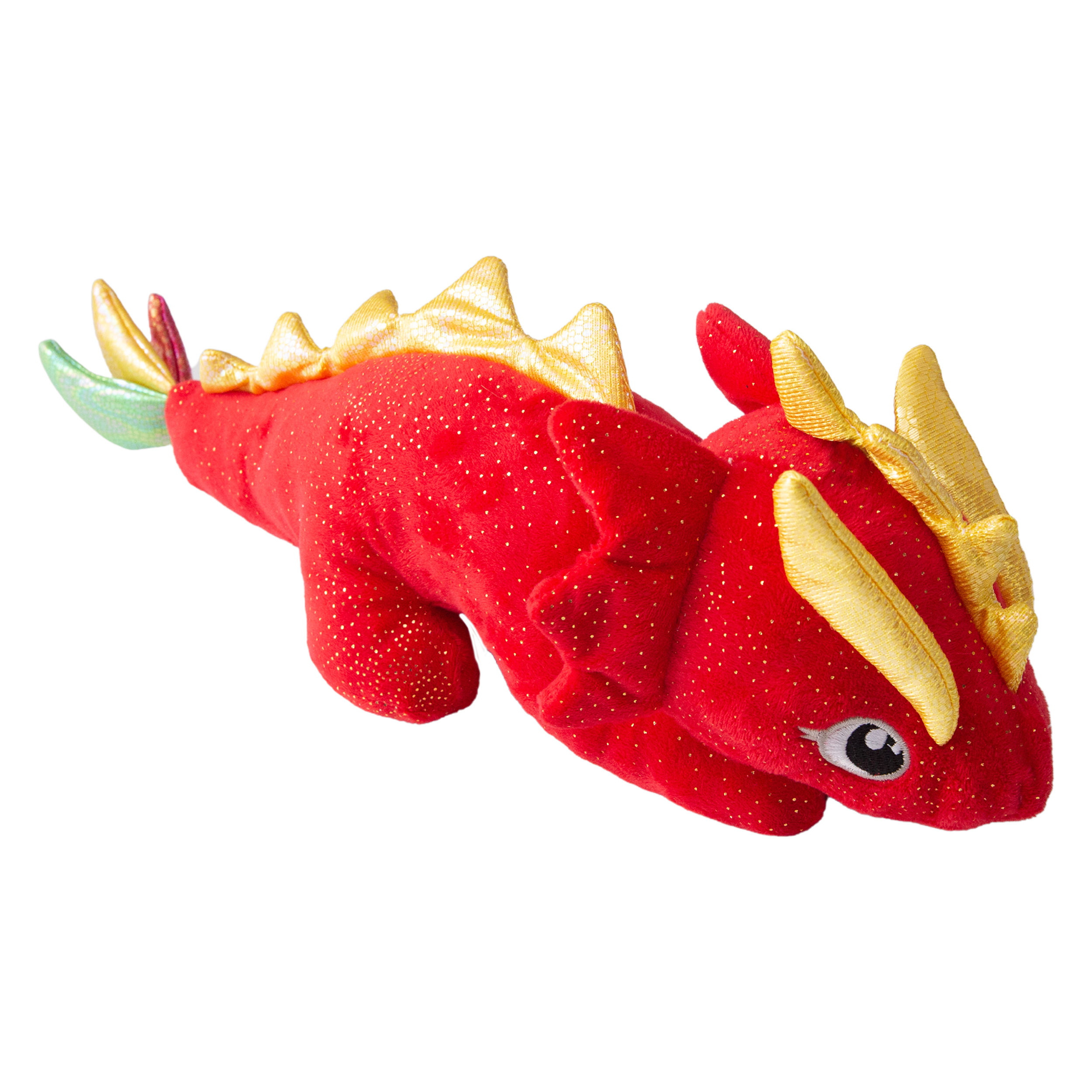 The Snugarooz Fire the Dragon dog toy features yellow-orange spikes, a white underbelly, and a multicolored tail tip. Shown lying on its side against a white background.
