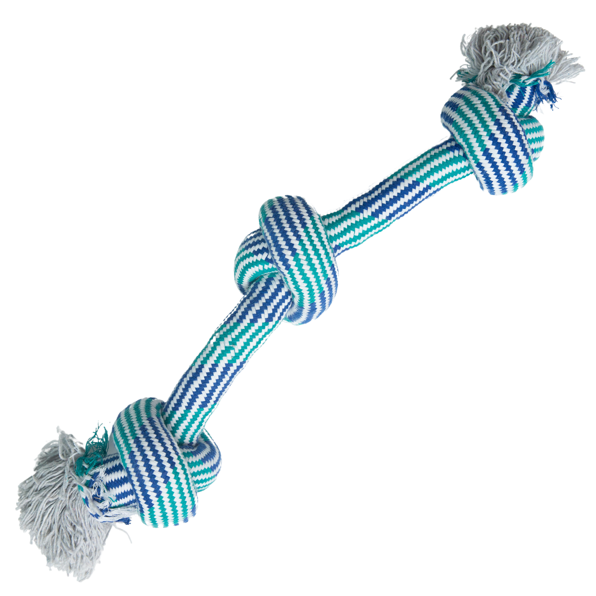 The Snugarooz Get'N Knotty dog toy features blue, green, and white stripes with knots at both ends and frayed tassels. Made from non-toxic materials, it's perfect for safe playtime with your pup.