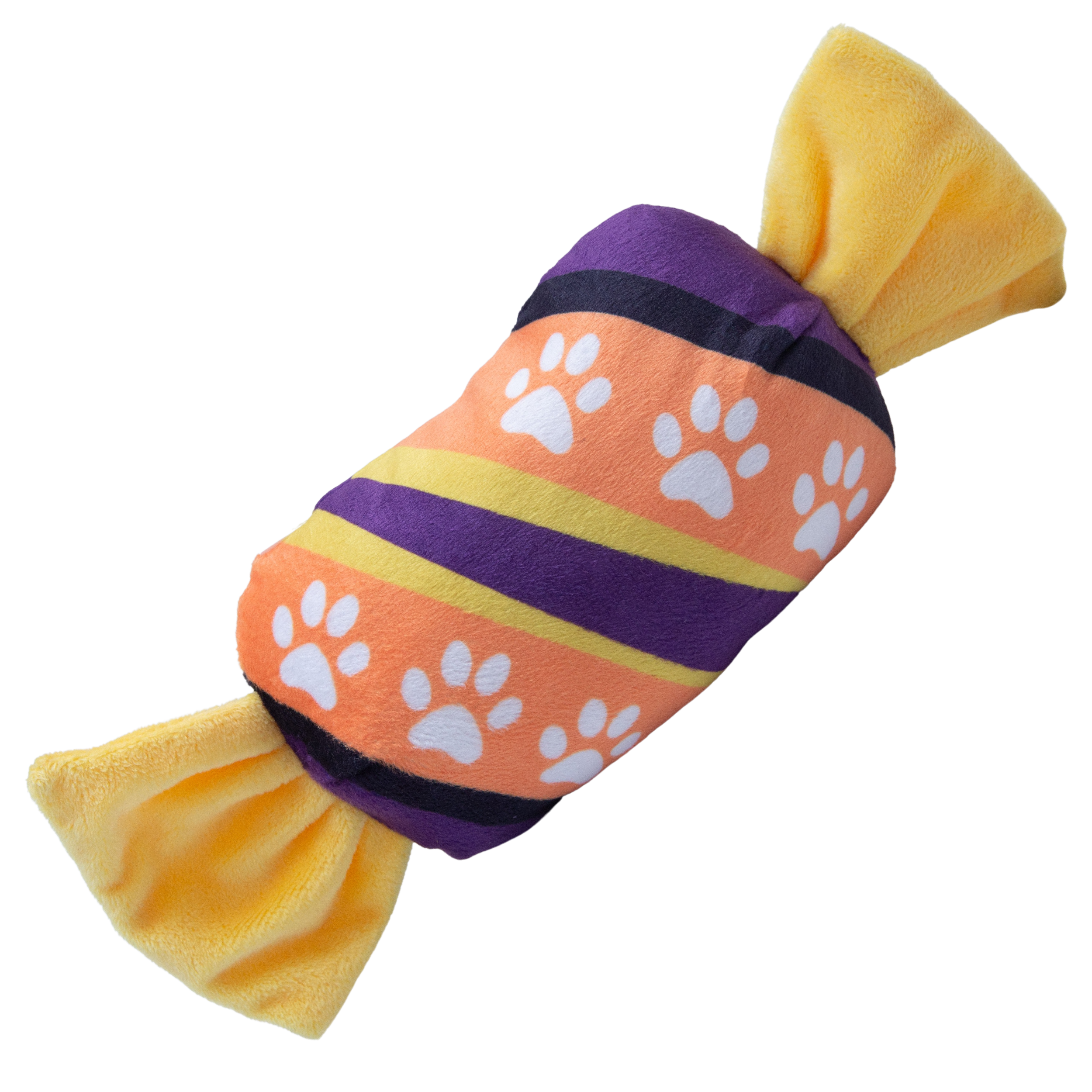 The Snugarooz Halloween Candy is a plush, eco-friendly dog toy shaped like wrapped candy, featuring orange, yellow, and purple with white paw prints and yellow ends—perfect for festive Halloween fun!.