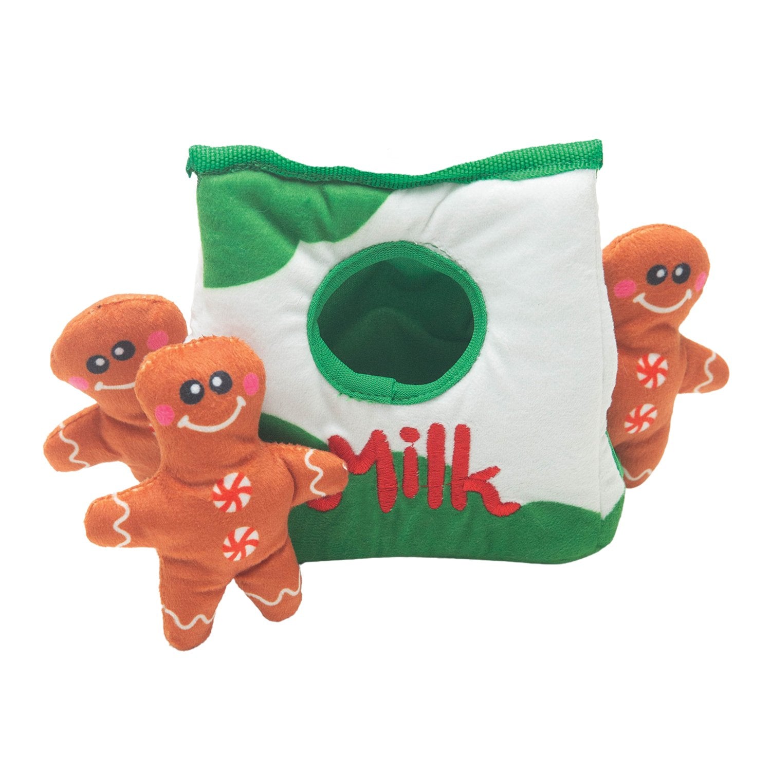 The Snugarooz Hide & Seek - Milk & Cookies set features a white and green milk carton with a "Milk" label and three smiling plush cookie toys—a charming, eco-friendly hide-and-seek dog toy for endless fun.