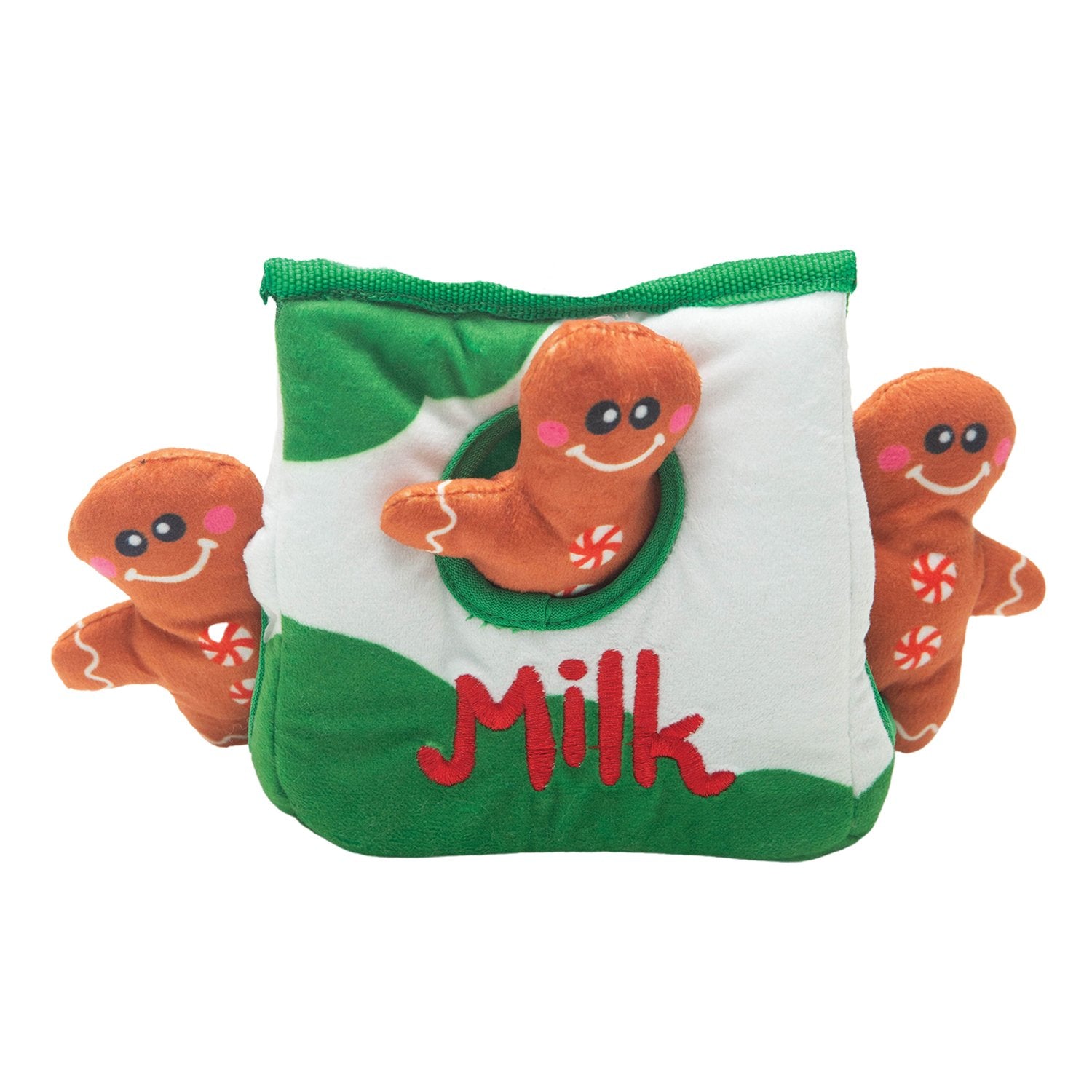 The Snugarooz Hide & Seek - Milk & Cookies set features a white and green milk carton with a "Milk" label and three smiling plush cookie toys—a charming, eco-friendly hide-and-seek dog toy for endless fun.