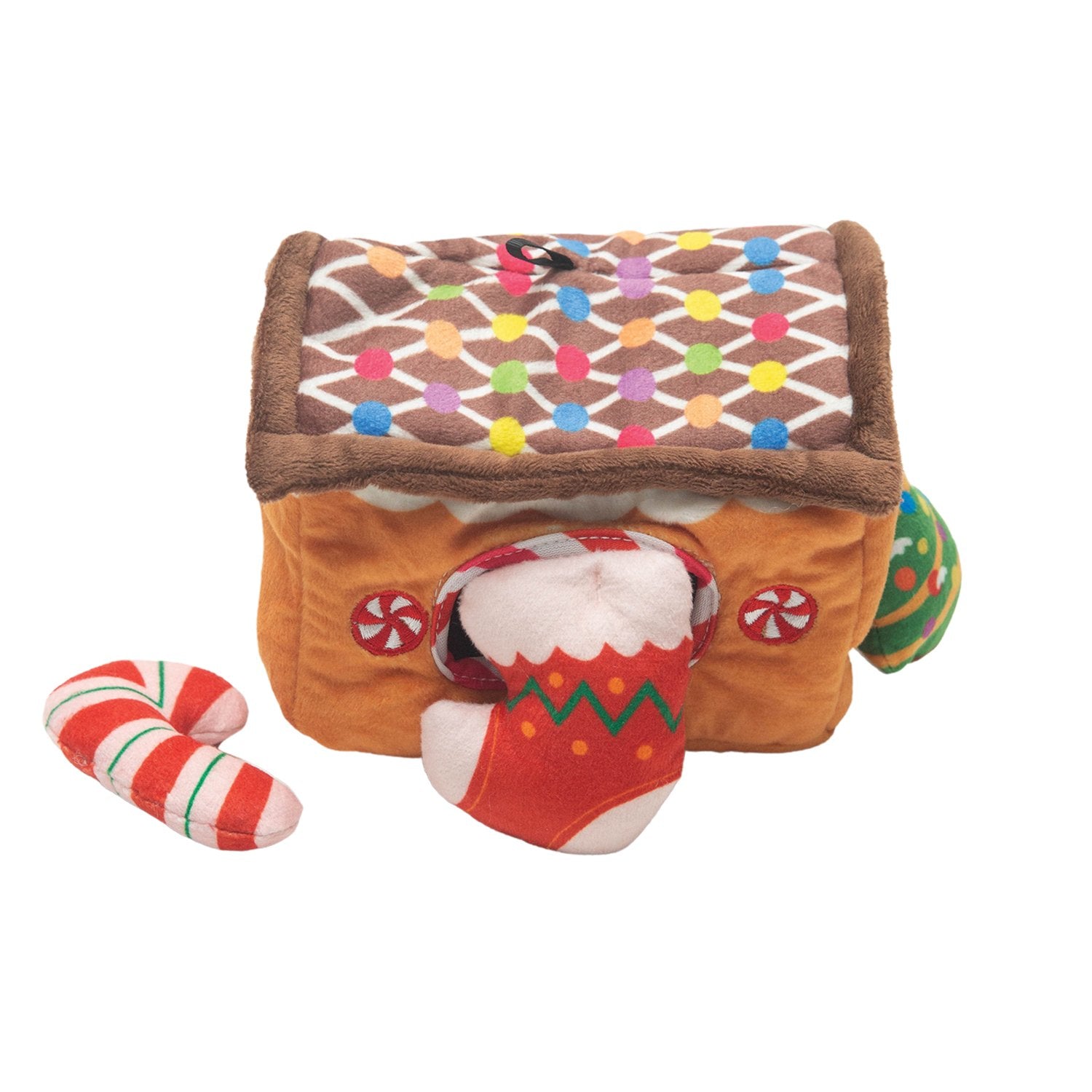 The Snugarooz Hide & Seek - Gingerbread House is a festive plush dog toy with a decorated roof, colorful candy patterns, and plush candy cane and stocking details—perfect for holiday fun with your pup.